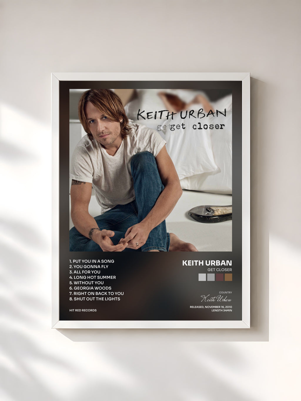 #blanc Tableau de l'album Get Closer de Keith Urban, cadre blanc, imprimé et encadré en France