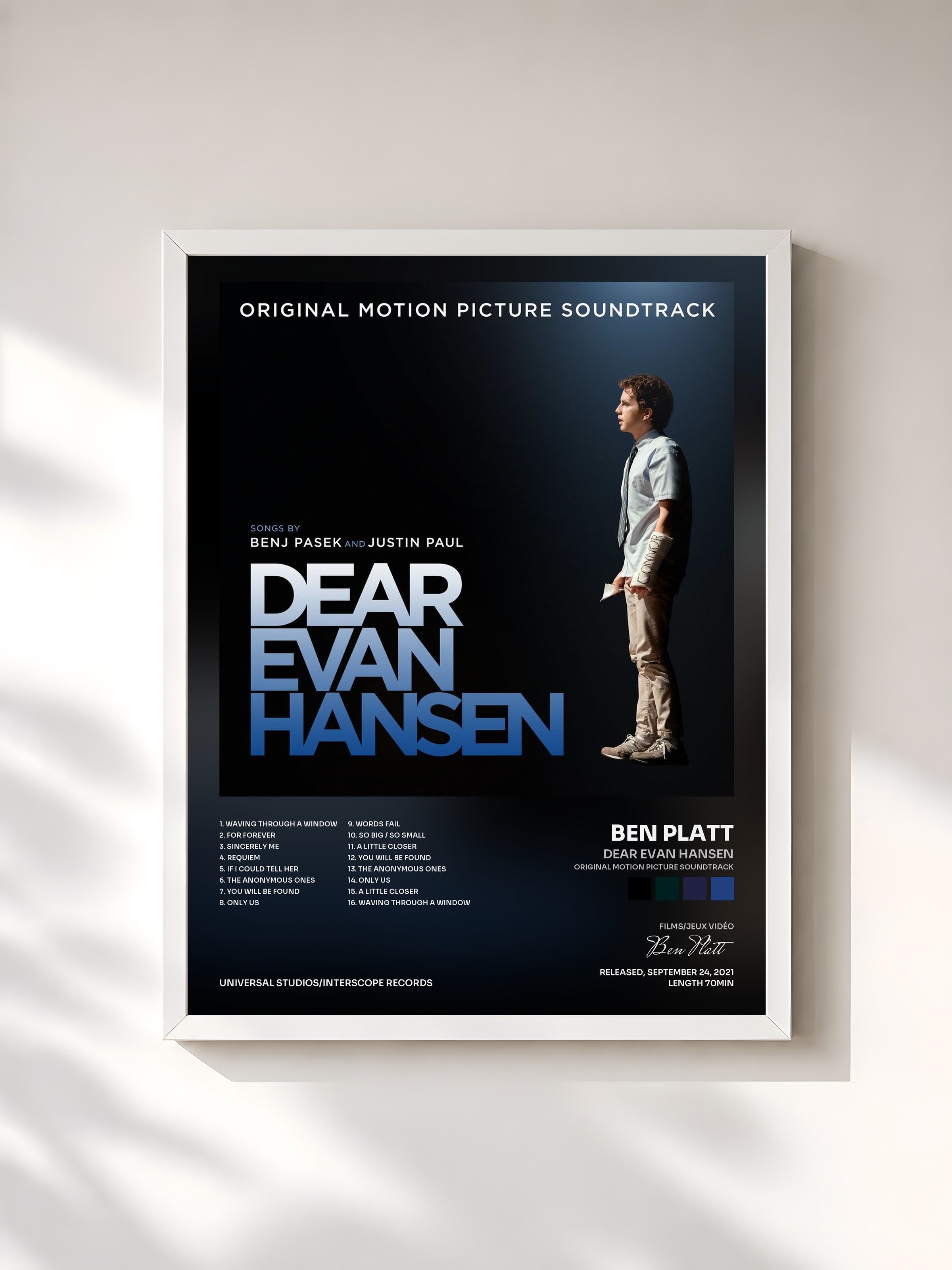 #blanc Tableau de l'album Dear Evan Hansen (Original Motion Picture Soundtrack) de Ben Platt, cadre blanc, imprimé et encadré en France