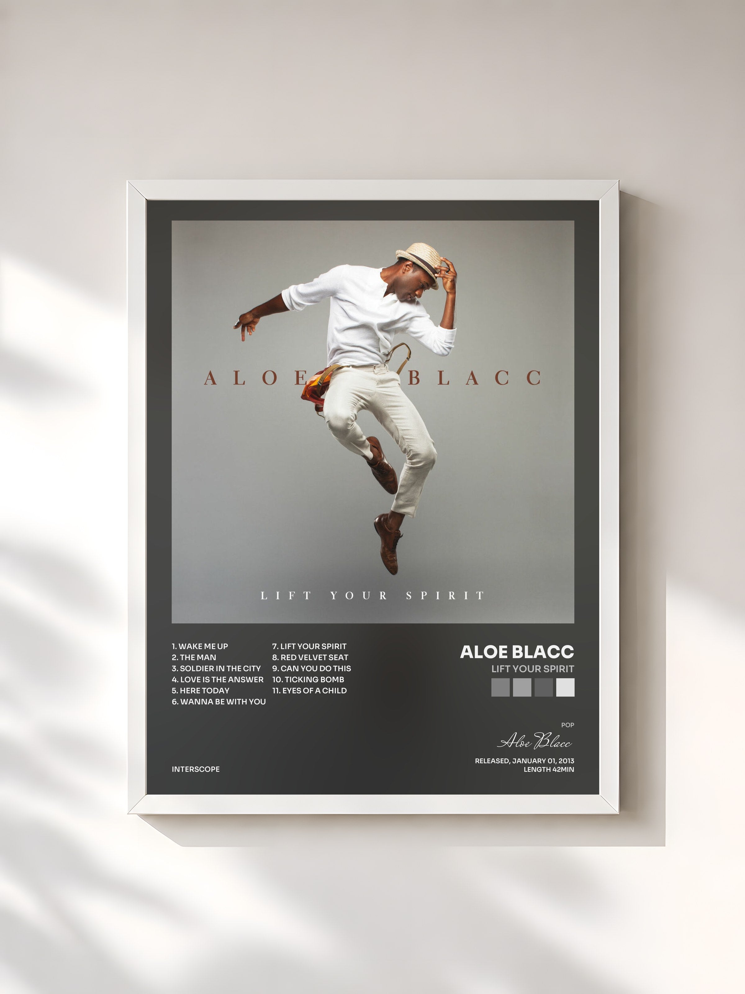 #blanc Tableau de l'album Lift Your Spirit de Aloe Blacc, cadre blanc, imprimé et encadré en France