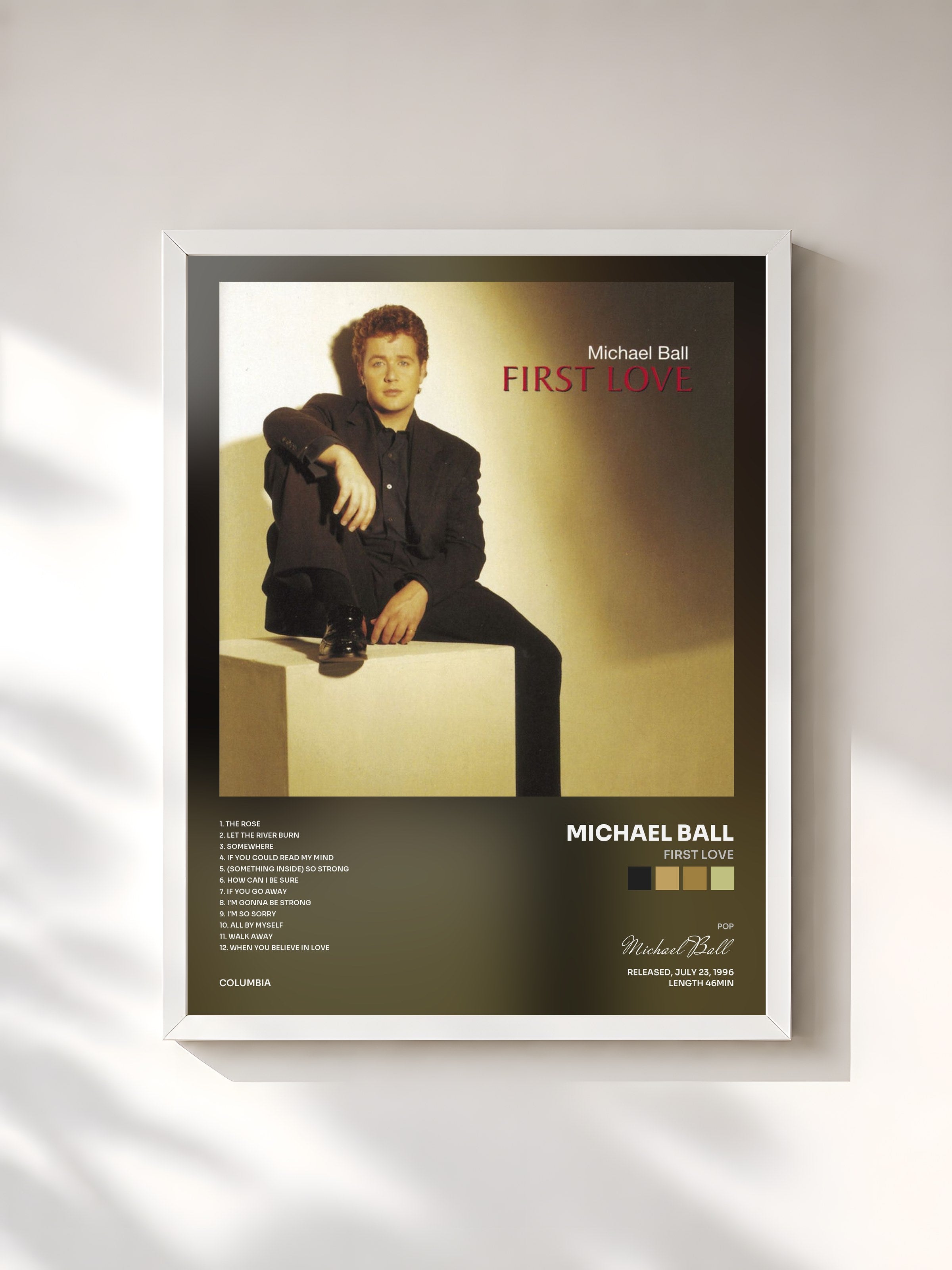 #blanc Tableau de l'album First Love de Michael Ball, cadre blanc, imprimé et encadré en France
