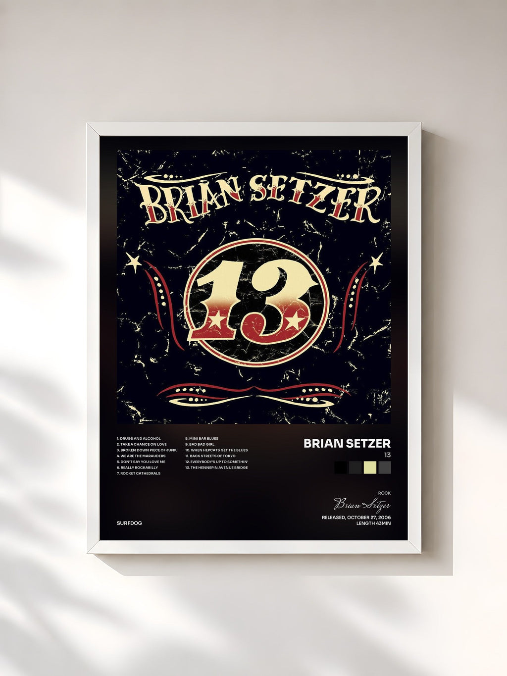 #blanc 13 di Brian Setzer in stampa incorniciata, cornice bianca, stampata e incorniciata in Francia