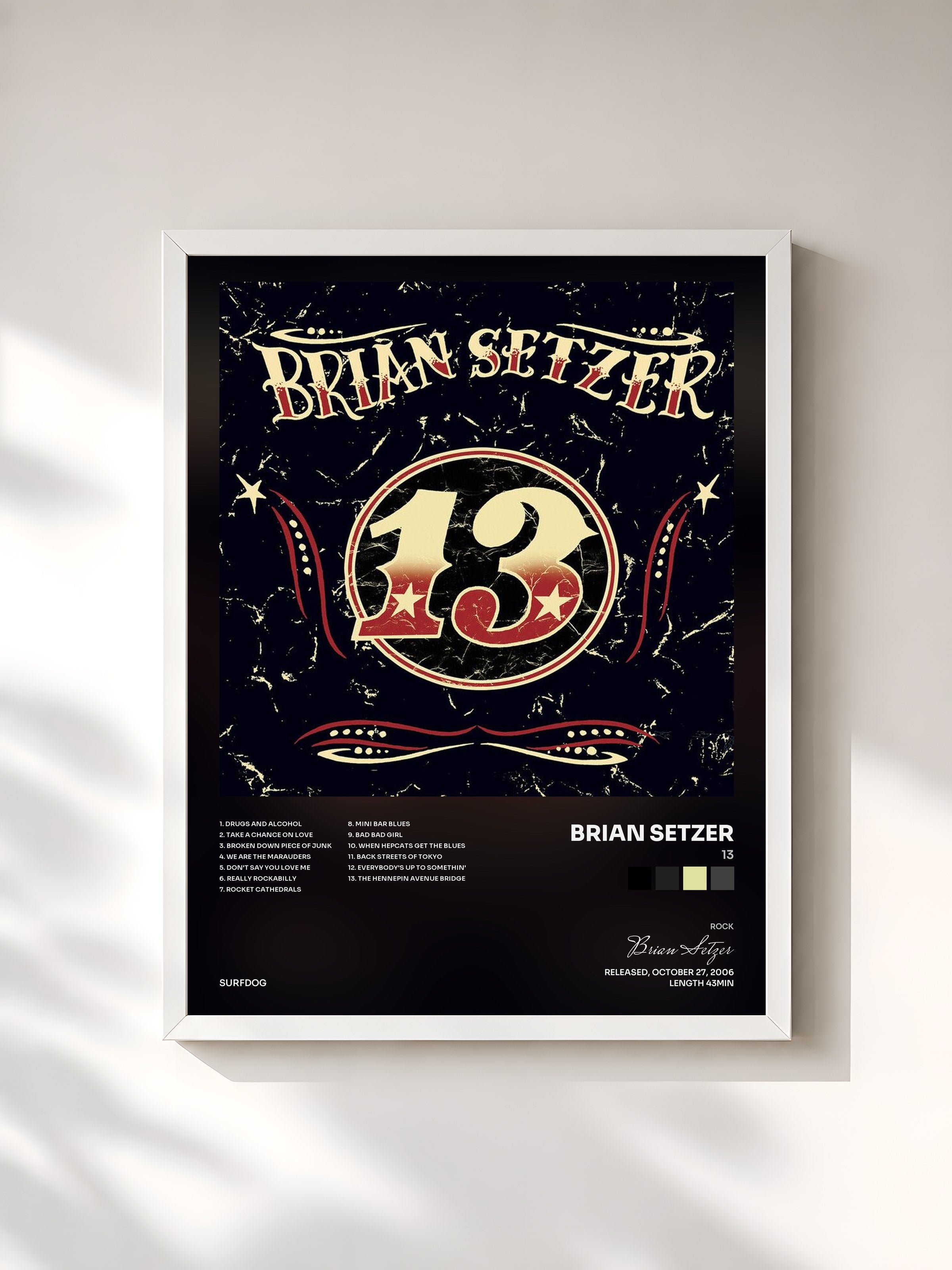 #blanc Tableau de l'album 13 de Brian Setzer, cadre blanc, imprimé et encadré en France