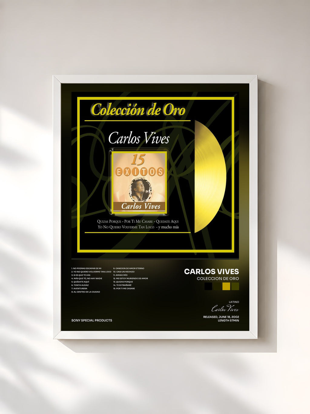 #blanc Tableau de l'album Coleccion de Oro de Carlos Vives, cadre blanc, imprimé et encadré en France