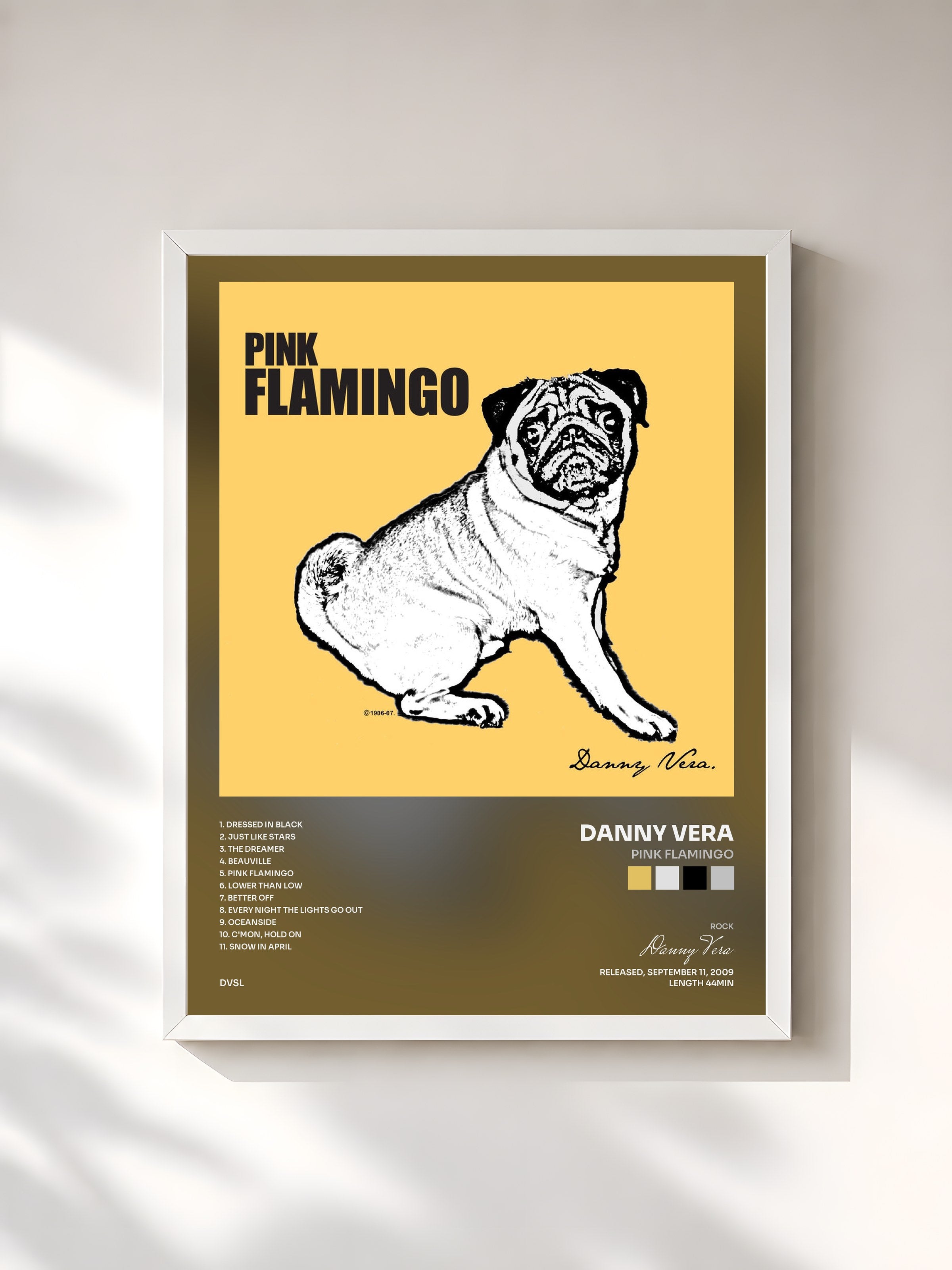 #blanc Tableau de l'album Pink Flamingo de Danny Vera, cadre blanc, imprimé et encadré en France