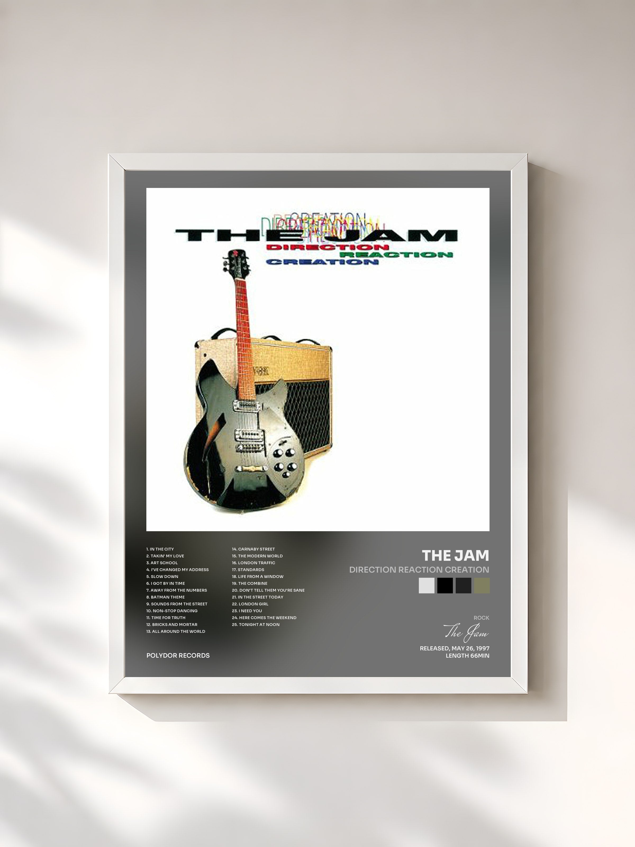 #blanc Tableau de l'album Direction Reaction Creation de The Jam, cadre blanc, imprimé et encadré en France