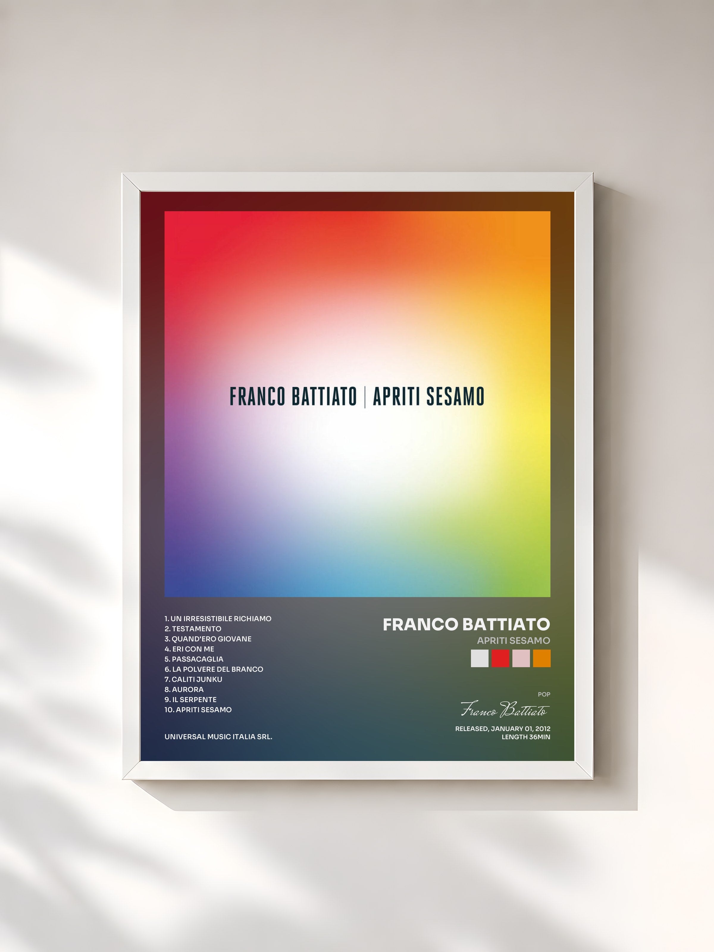 #blanc Tableau de l'album Apriti Sesamo de Franco Battiato, cadre blanc, imprimé et encadré en France