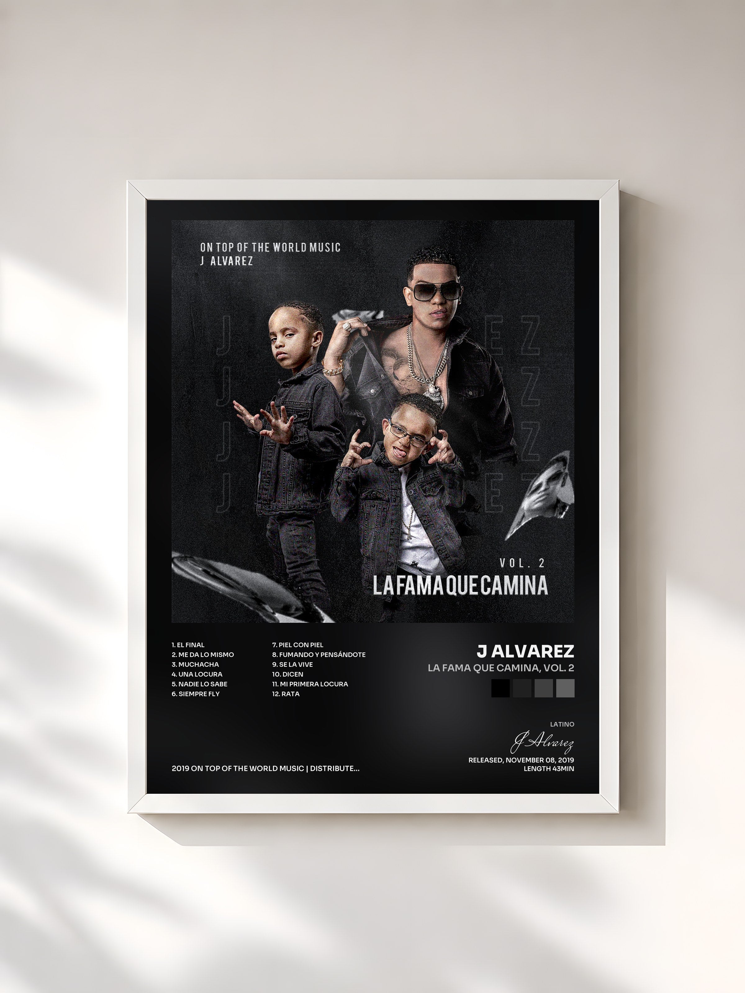 #blanc Tableau de l'album La Fama Que Camina, Vol. 2 de J Alvarez, cadre blanc, imprimé et encadré en France