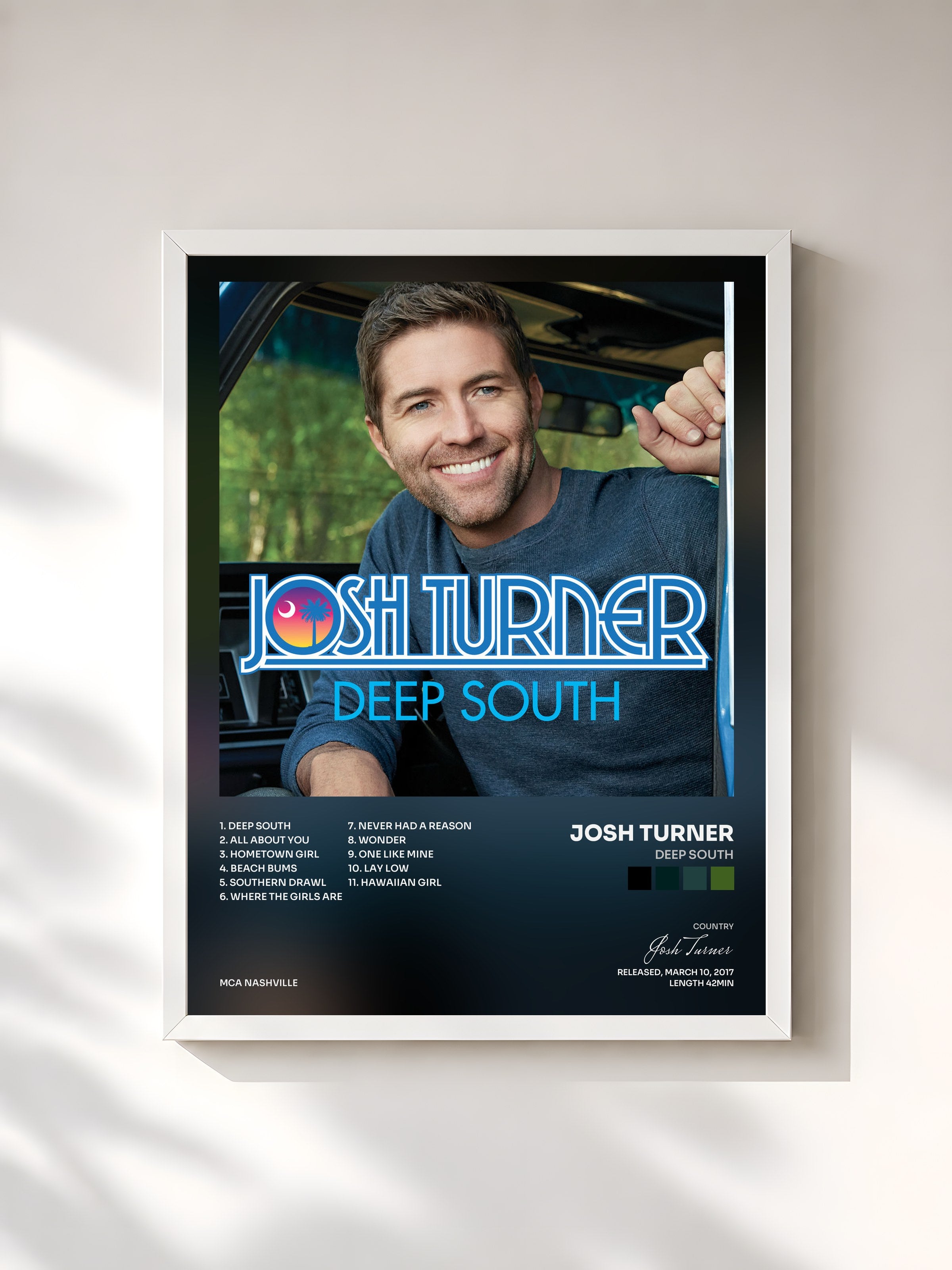 #blanc Tableau de l'album Deep South de Josh Turner, cadre blanc, imprimé et encadré en France