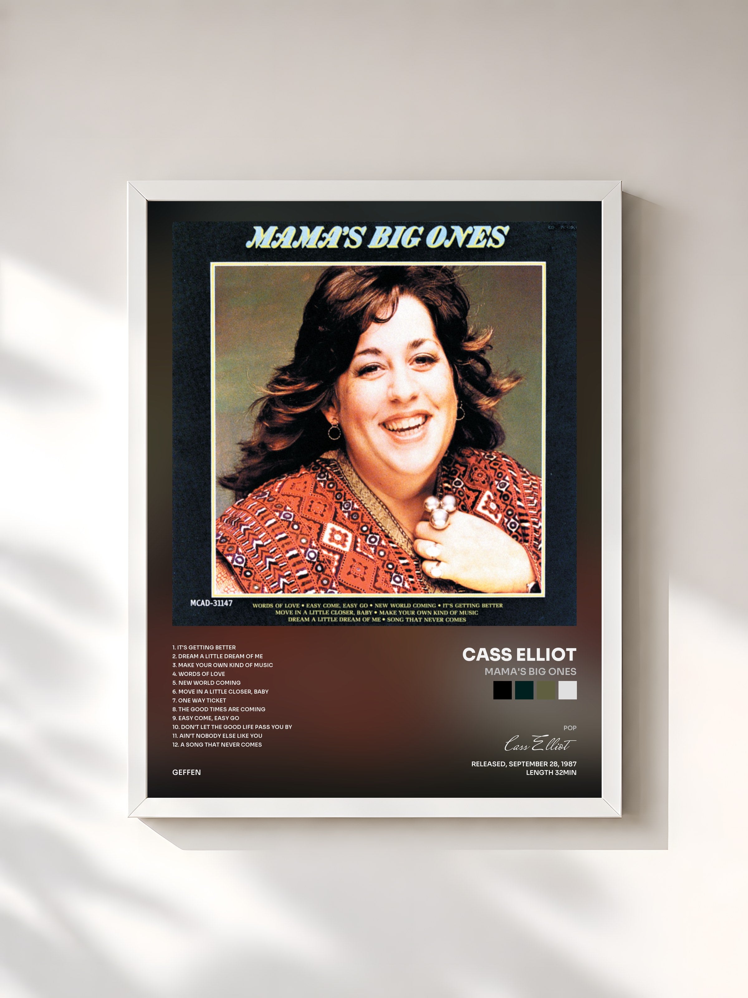 #blanc Tableau de l'album Mama's Big Ones de Cass Elliot, cadre blanc, imprimé et encadré en France