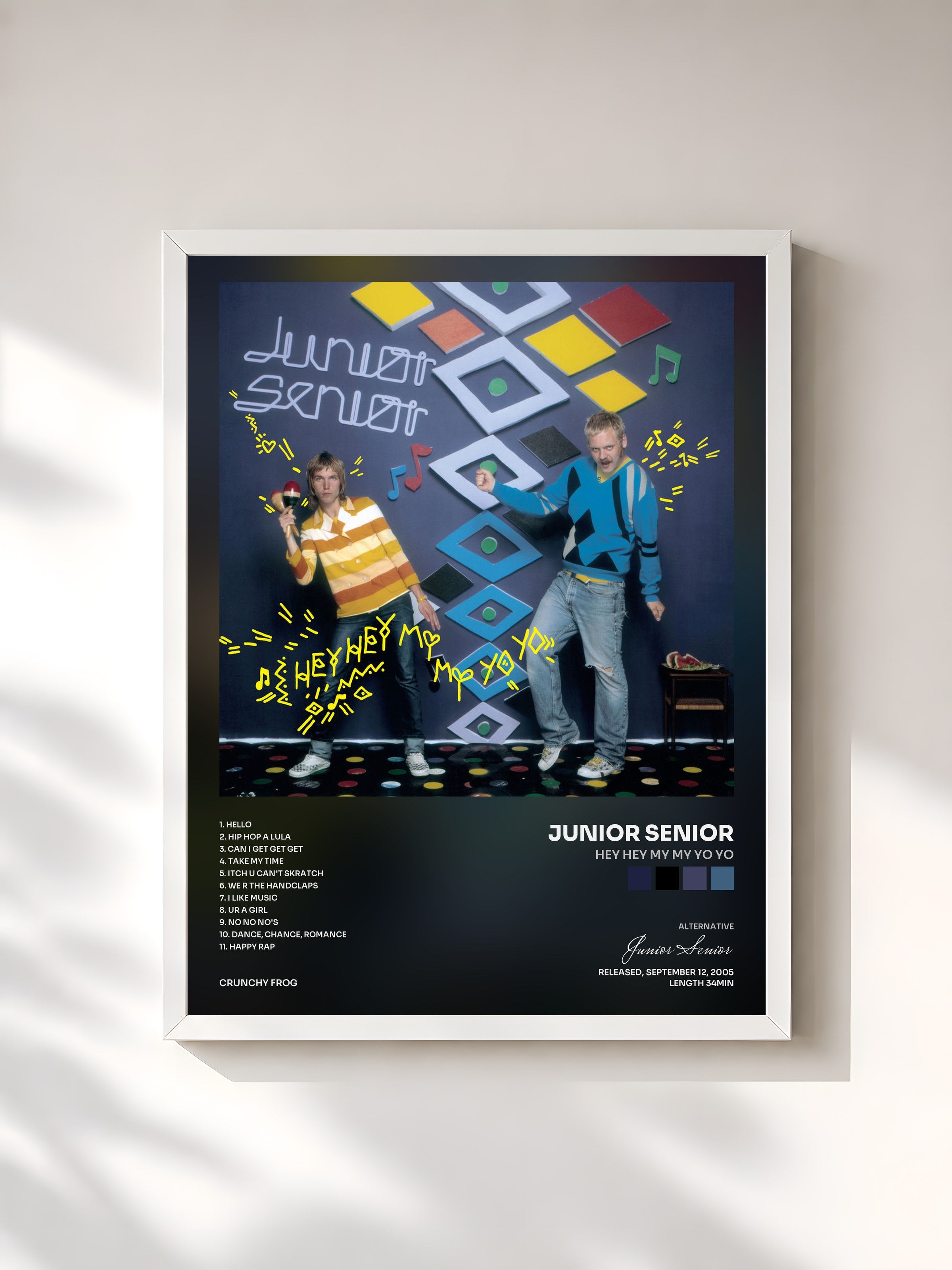 #blanc Tableau de l'album Hey Hey My My Yo Yo de Junior Senior, cadre blanc, imprimé et encadré en France