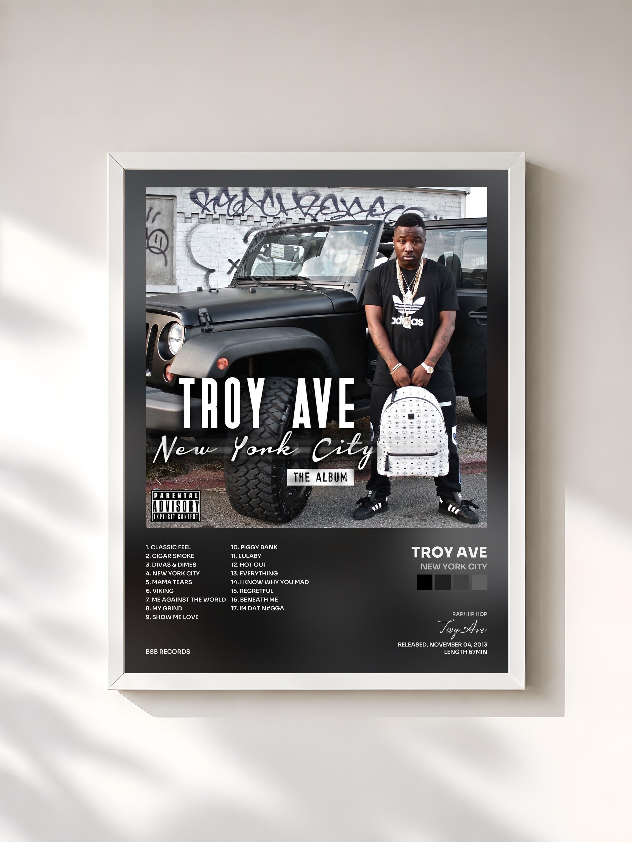 #blanc Tableau de l'album New York City de Troy Ave, cadre blanc, imprimé et encadré en France