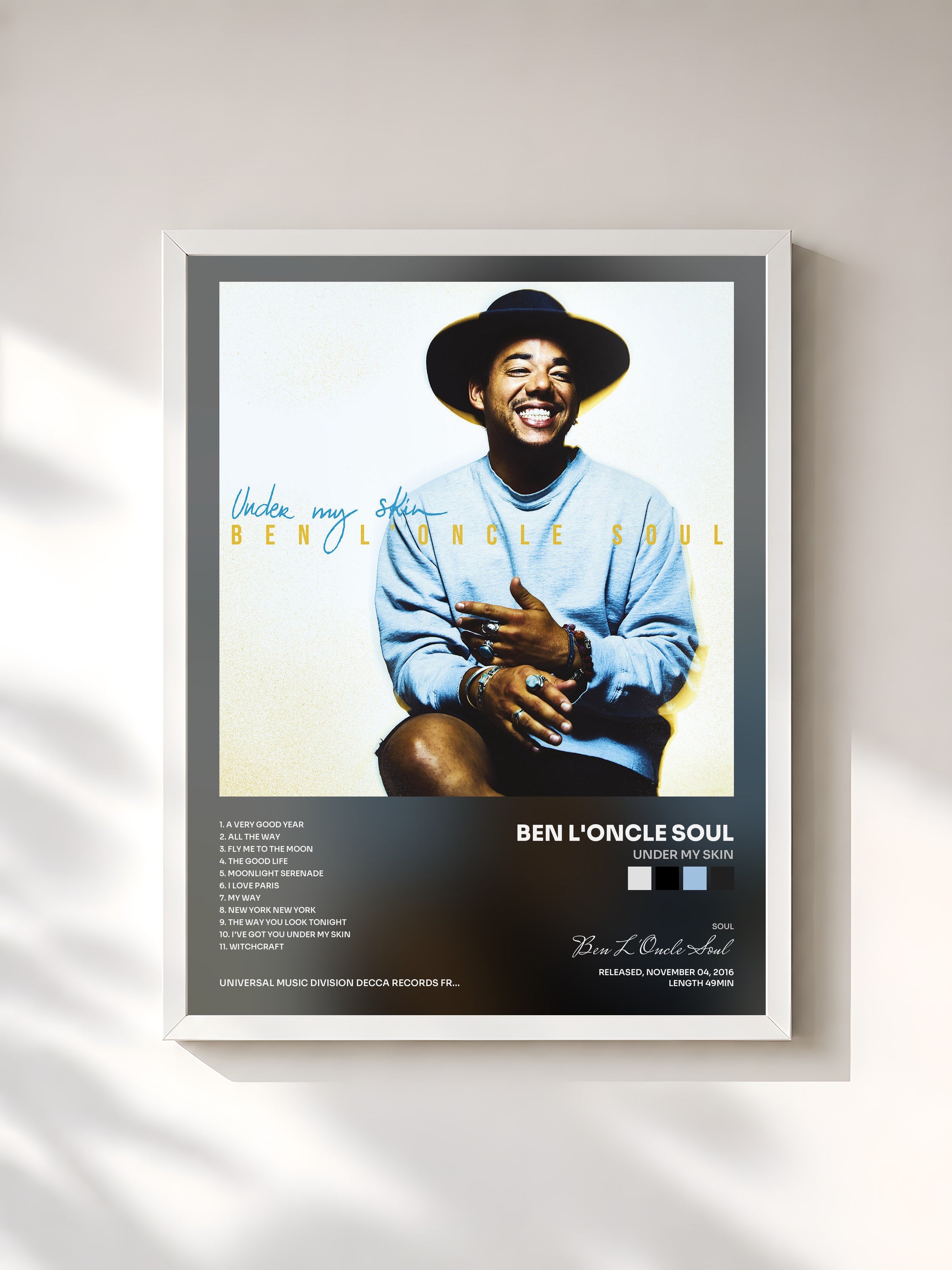 #blanc Tableau de l'album Under My Skin de Ben L'Oncle Soul, cadre blanc, imprimé et encadré en France