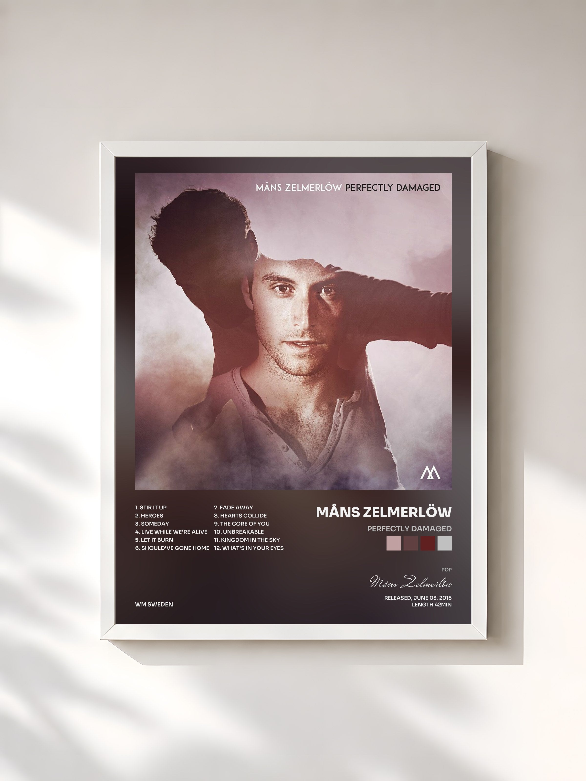 #blanc Tableau de l'album Perfectly Damaged de Måns Zelmerlöw, cadre blanc, imprimé et encadré en France
