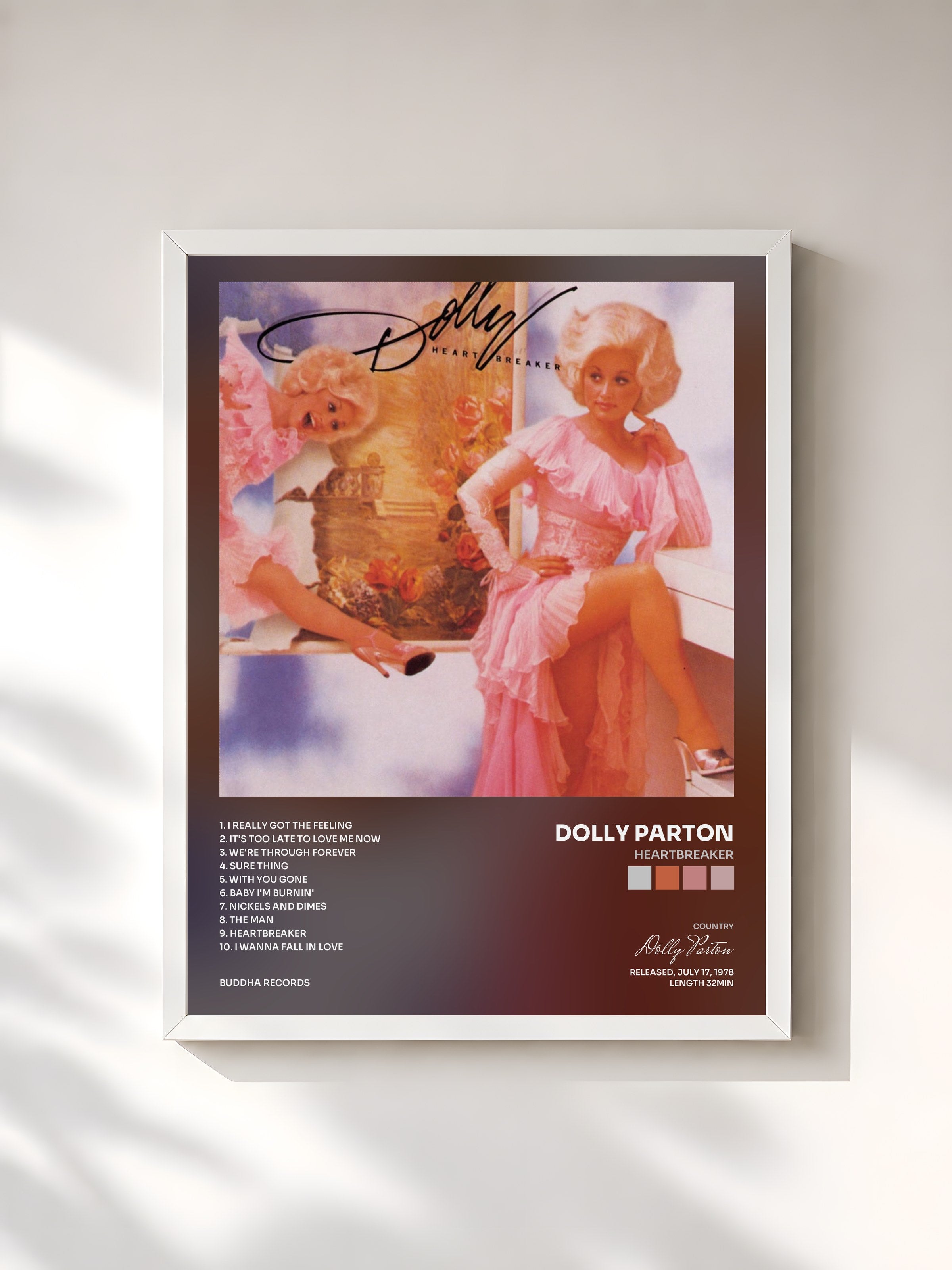 #blanc Tableau de l'album Heartbreaker de Dolly Parton, cadre blanc, imprimé et encadré en France