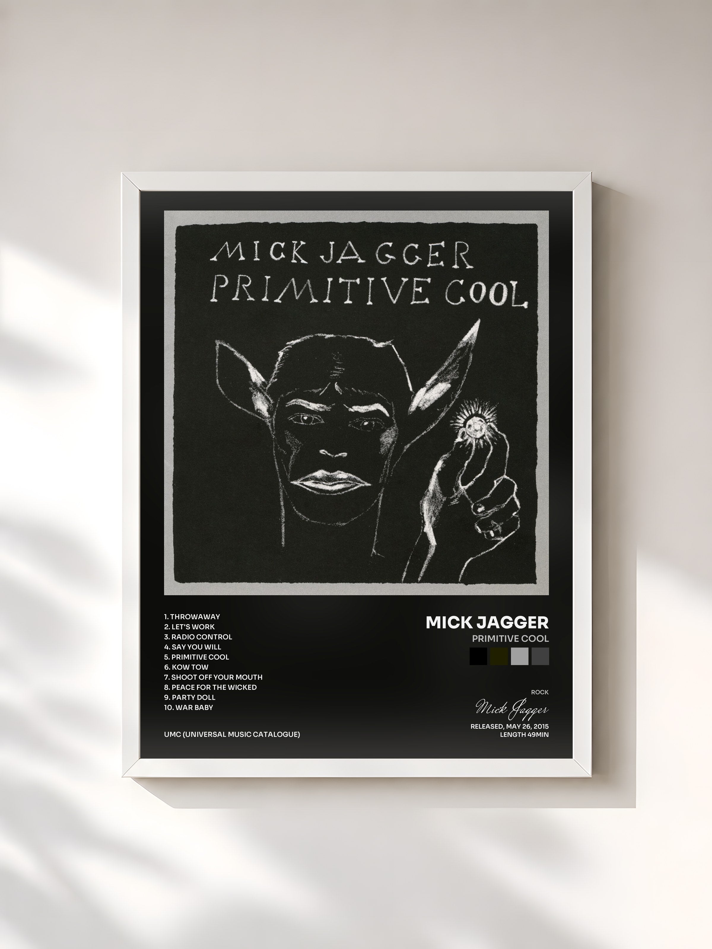#blanc Tableau de l'album Primitive Cool de Mick Jagger, cadre blanc, imprimé et encadré en France
