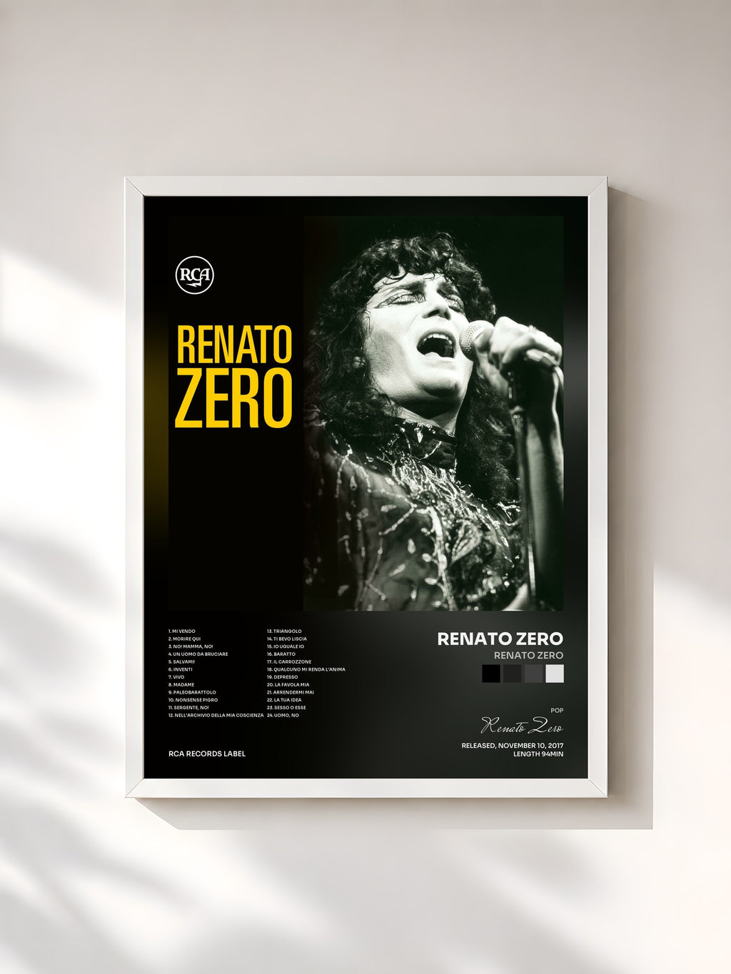 #blanc Tableau de l'album Renato Zero de Renato Zero, cadre blanc, imprimé et encadré en France
