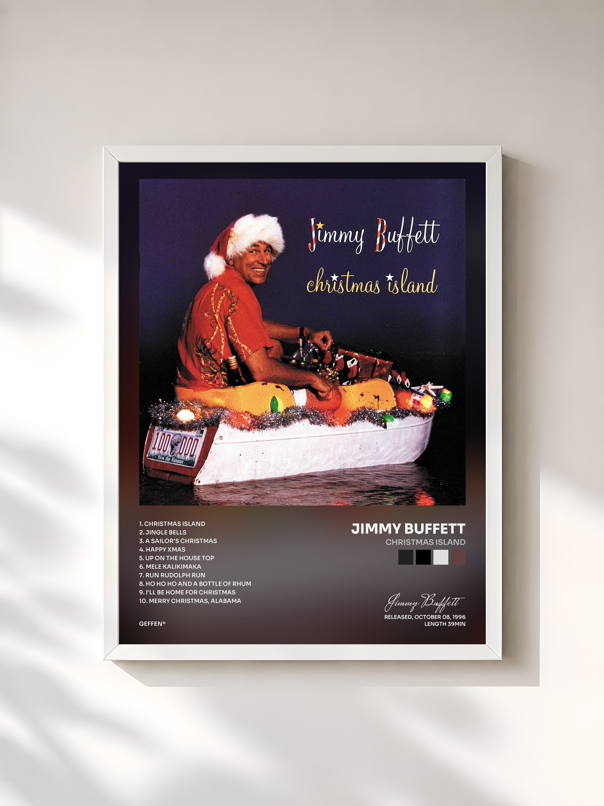 #blanc Tableau de l'album Christmas Island de Jimmy Buffett, cadre blanc, imprimé et encadré en France