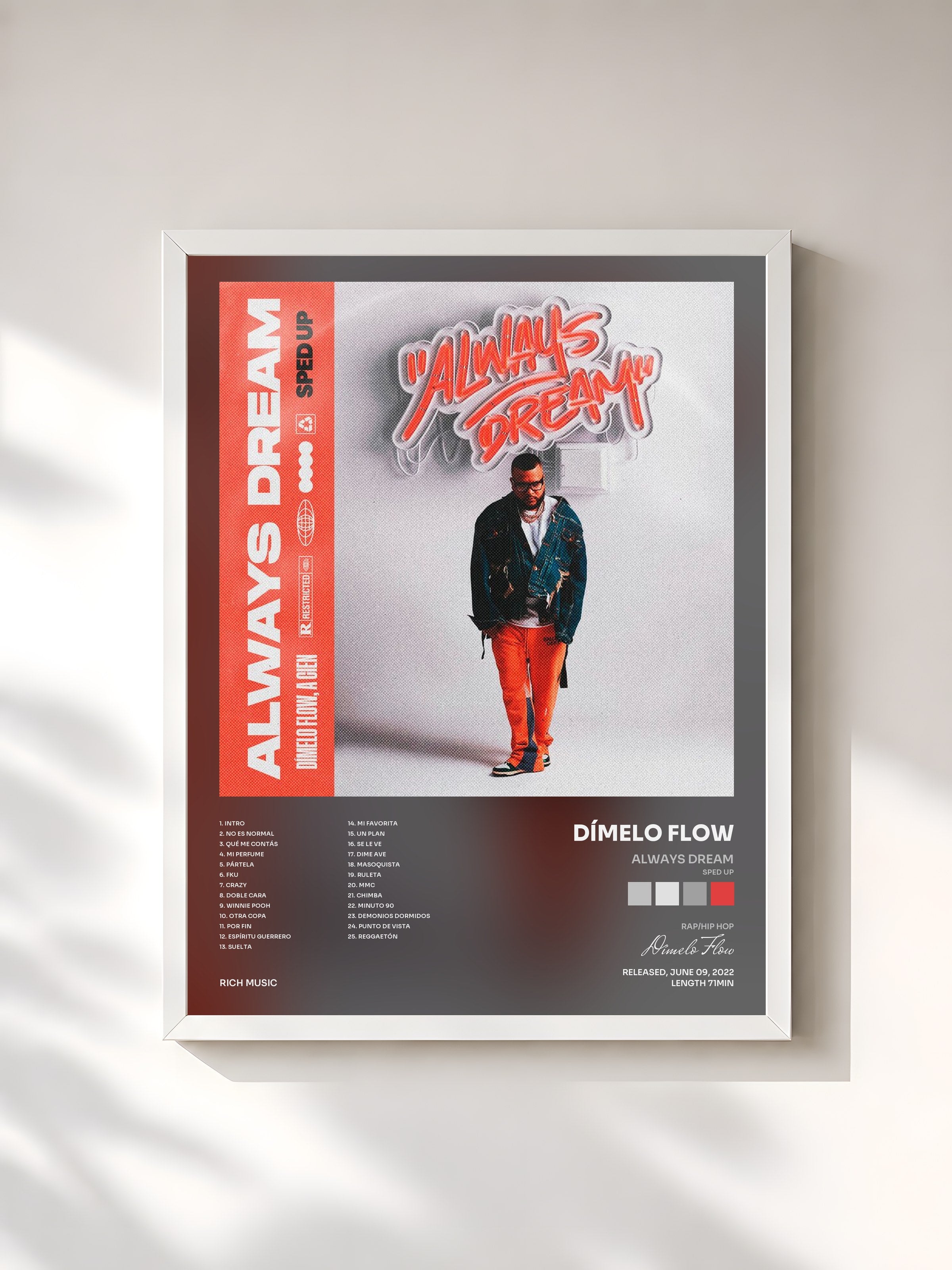 #blanc Tableau de l'album Always Dream (Sped Up) de Dímelo Flow, cadre blanc, imprimé et encadré en France