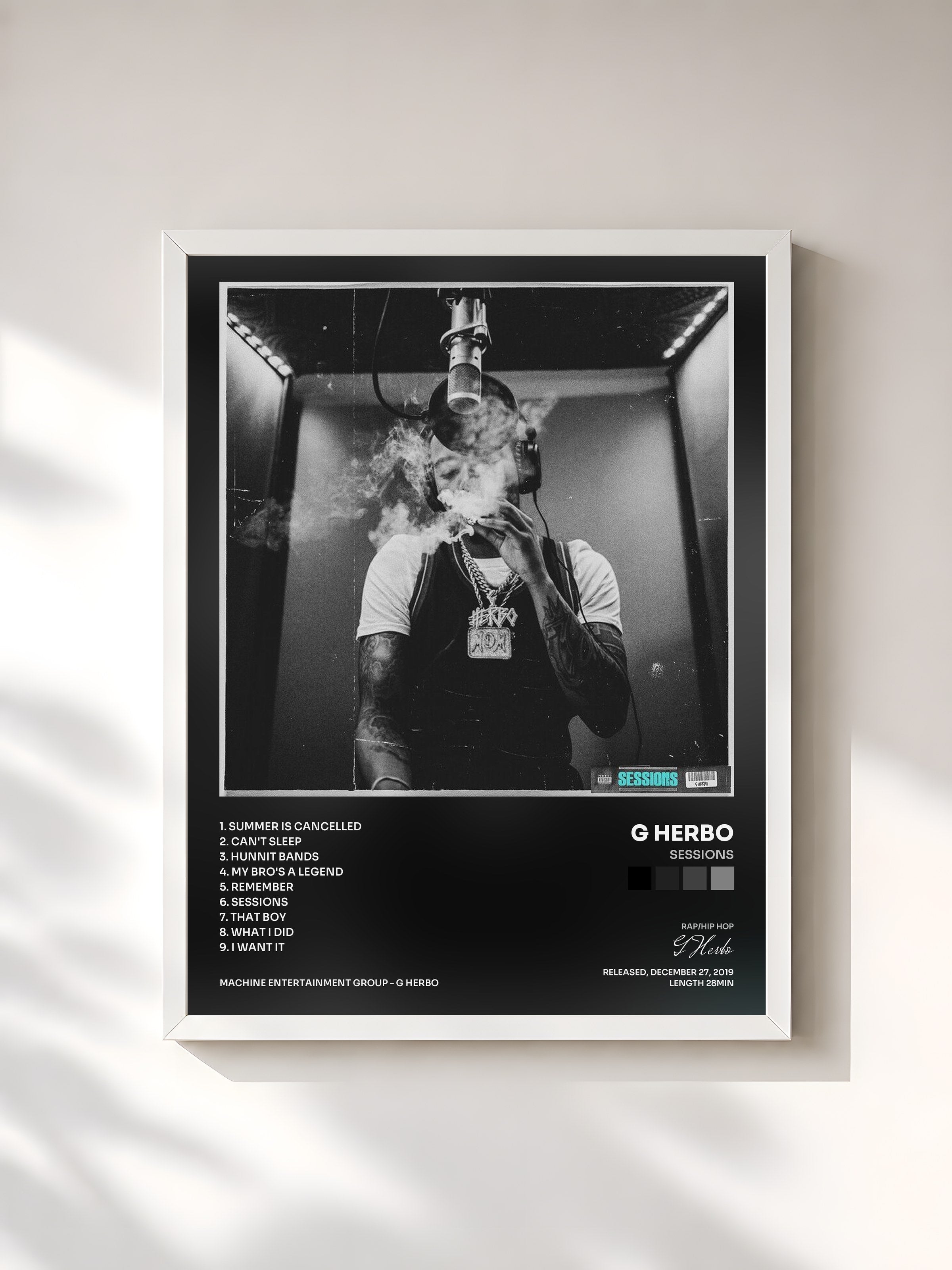#blanc Tableau de l'album Sessions de G Herbo, cadre blanc, imprimé et encadré en France