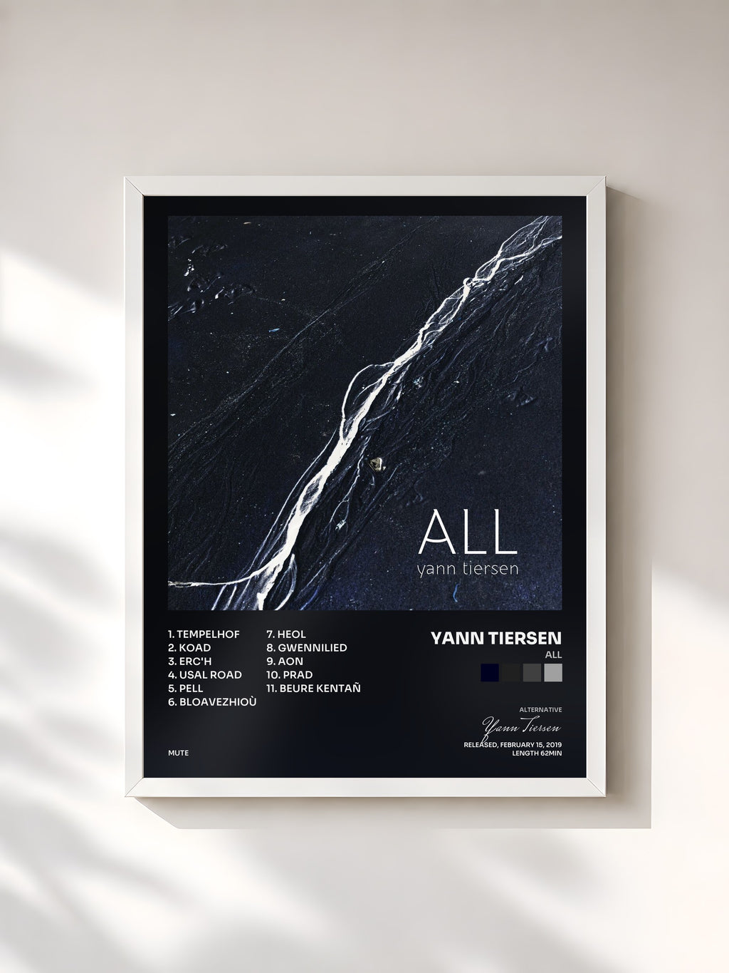 #blanc Tableau de l'album ALL de Yann Tiersen, cadre blanc, imprimé et encadré en France