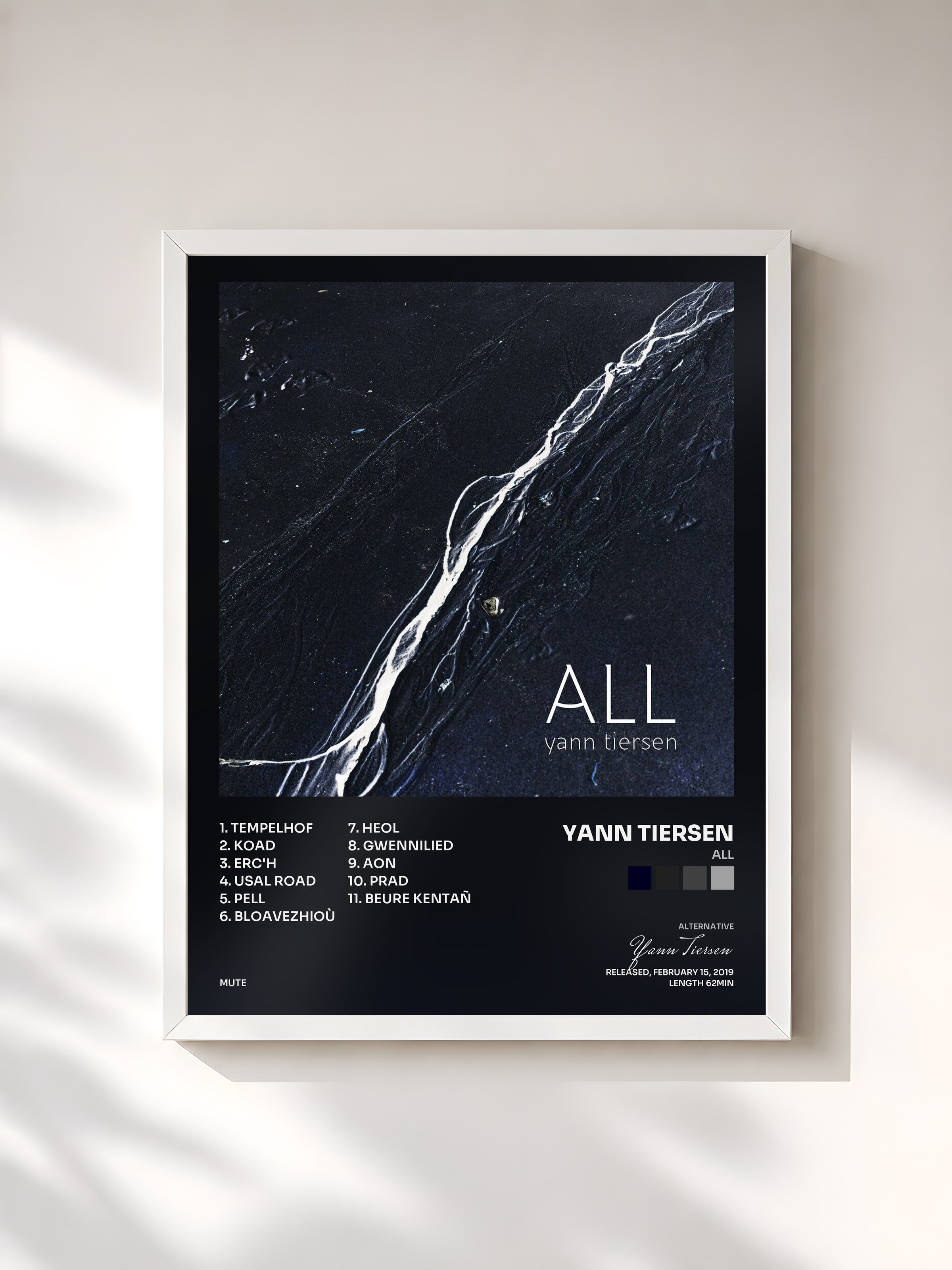 #blanc Tableau de l'album ALL de Yann Tiersen, cadre blanc, imprimé et encadré en France