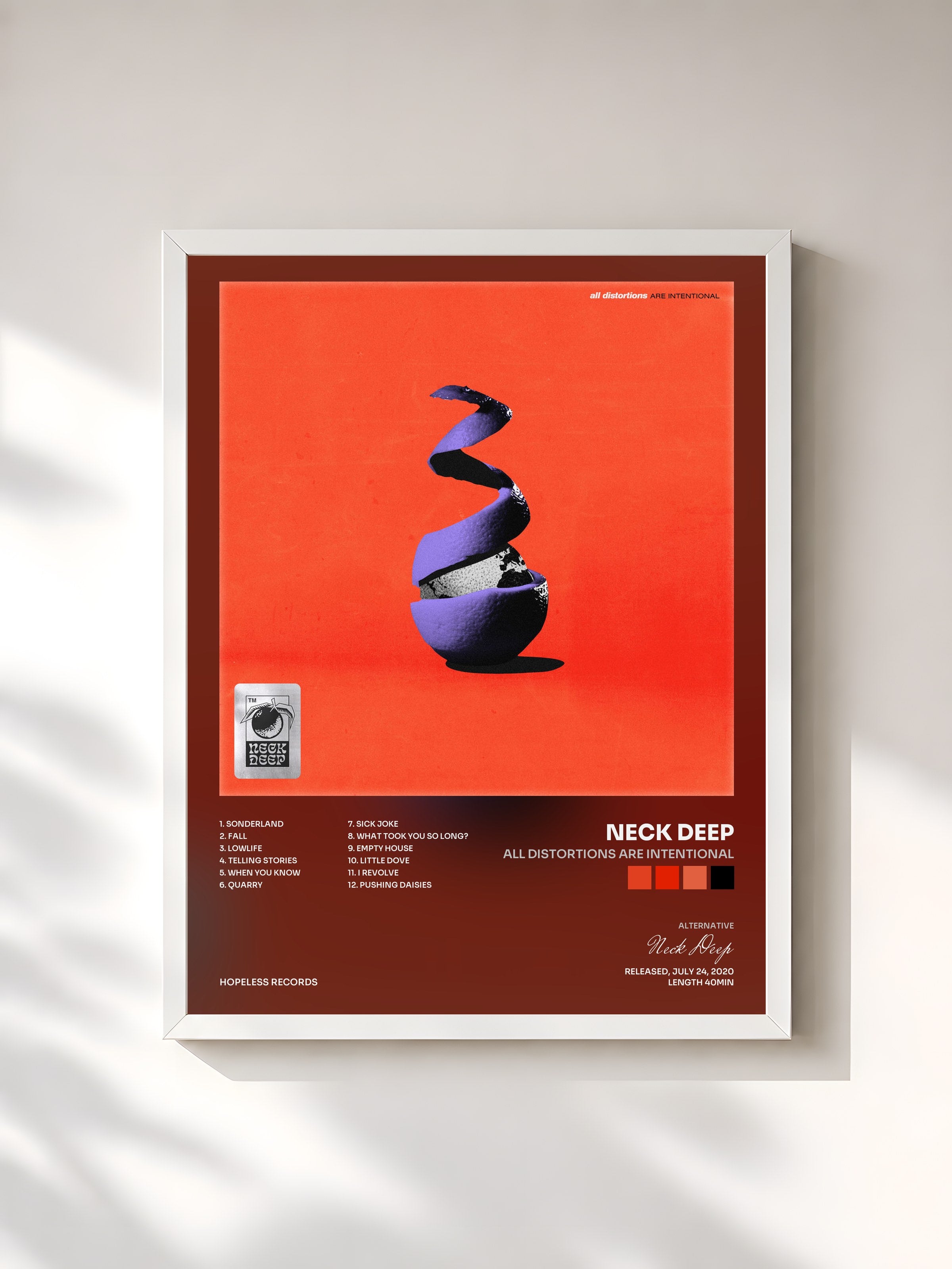 #blanc Tableau de l'album All Distortions Are Intentional de Neck Deep, cadre blanc, imprimé et encadré en France