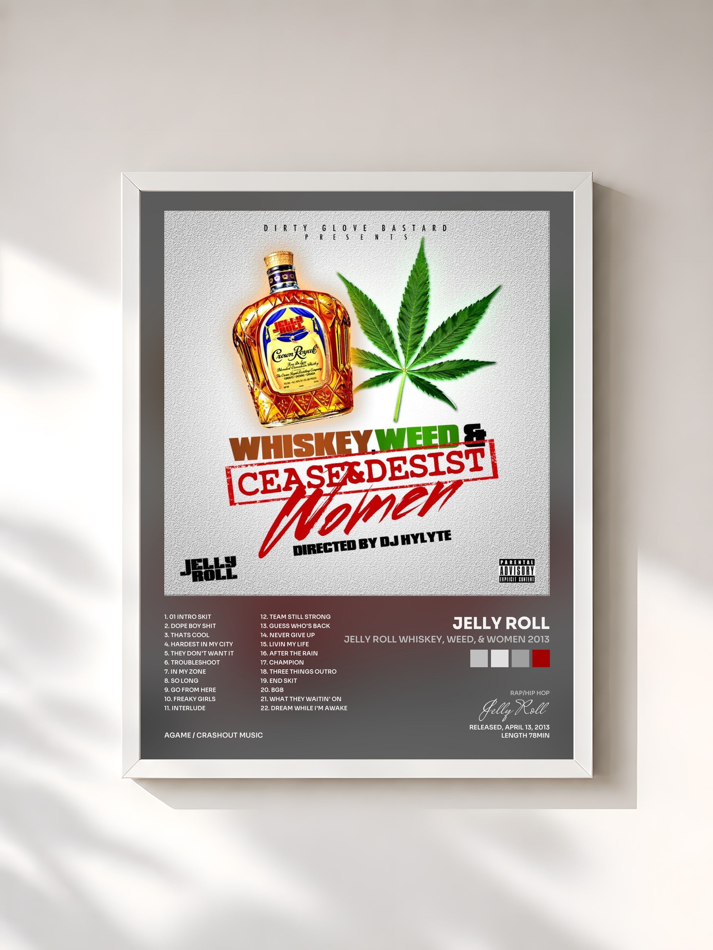 #blanc Tableau de l'album Jelly Roll Whiskey, Weed, & Women 2013 de Jelly Roll, cadre blanc, imprimé et encadré en France