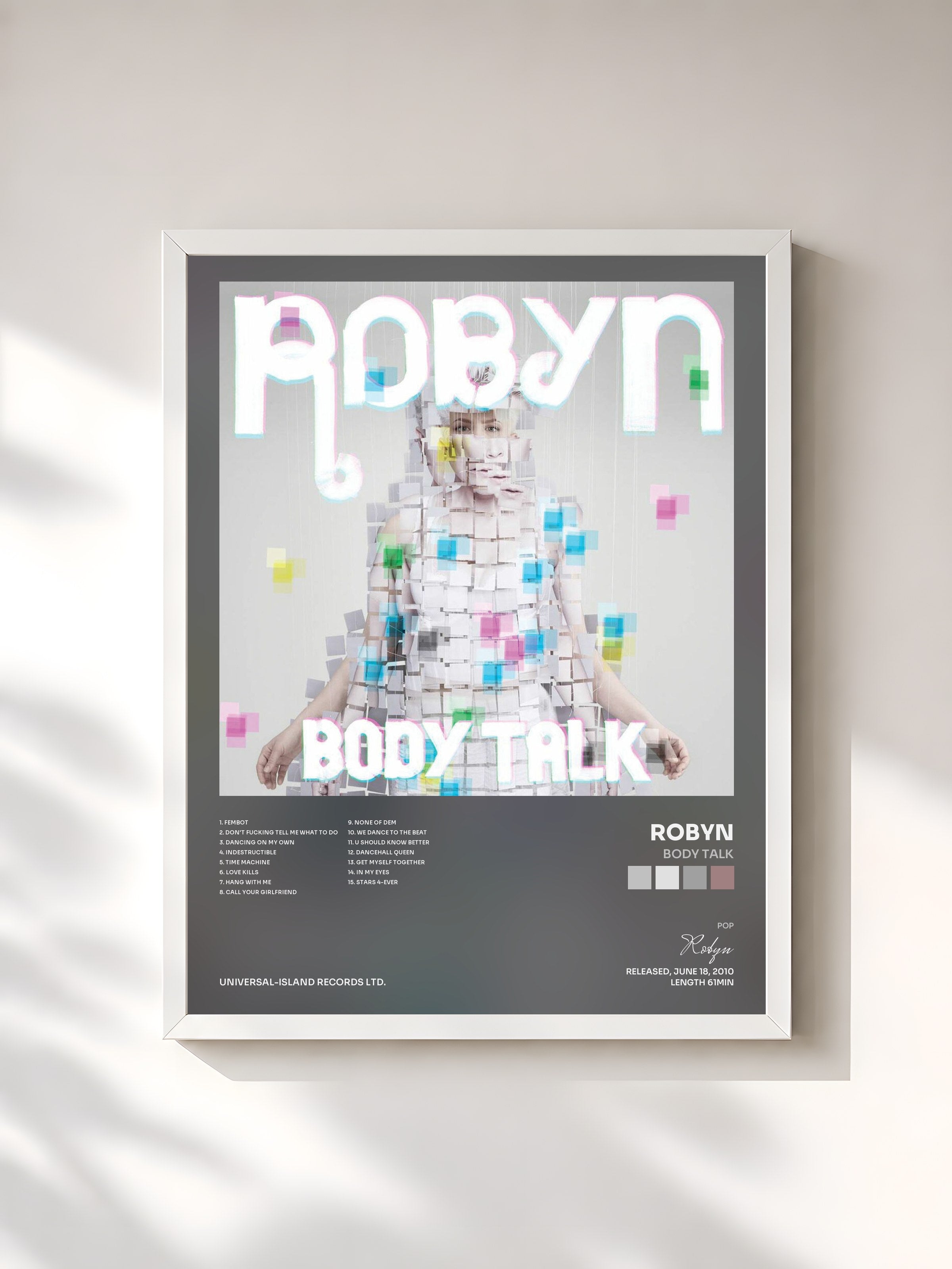 #blanc Tableau de l'album Body Talk de Robyn, cadre blanc, imprimé et encadré en France