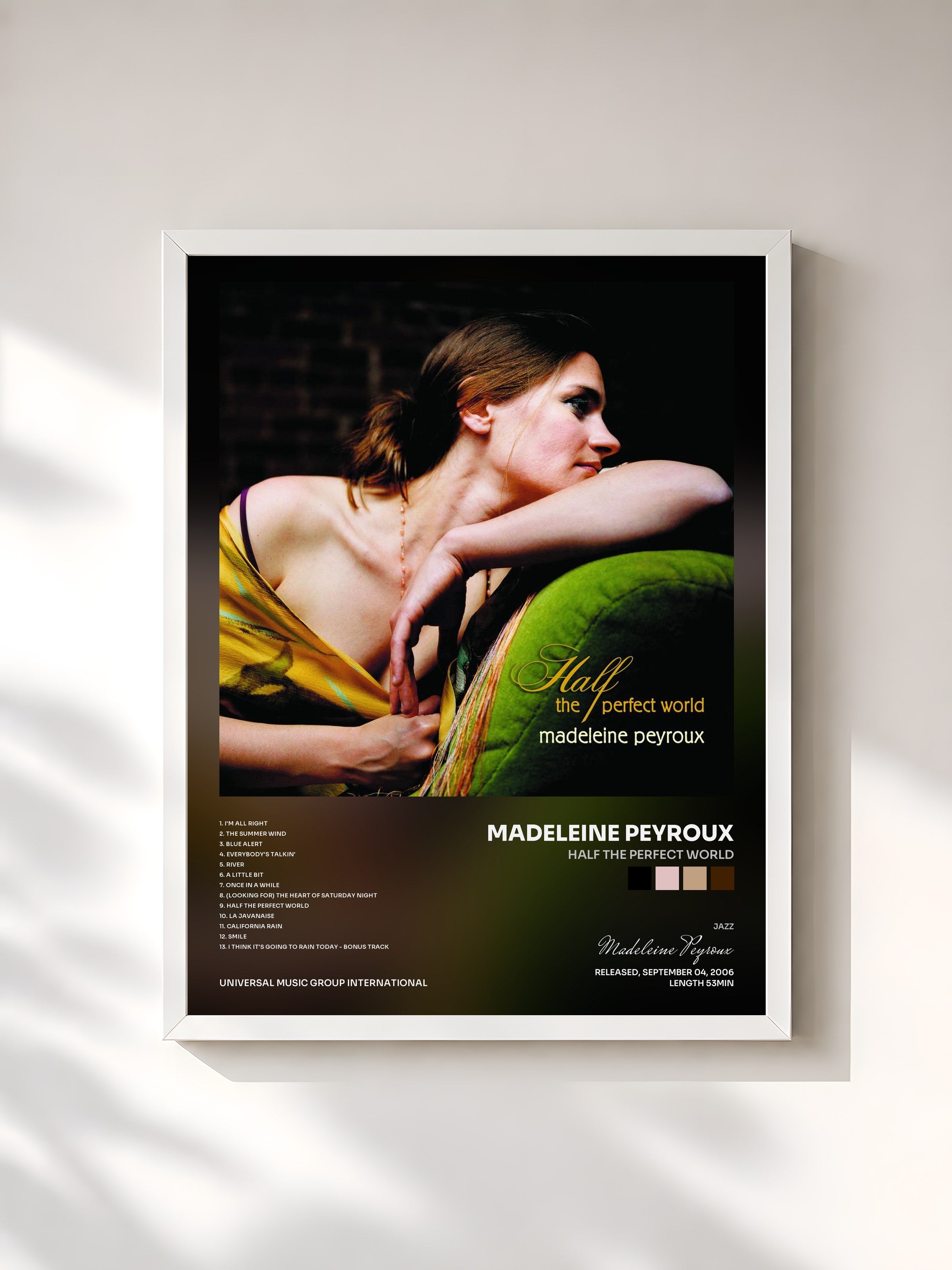 #blanc Tableau de l'album Half The Perfect World de Madeleine Peyroux, cadre blanc, imprimé et encadré en France