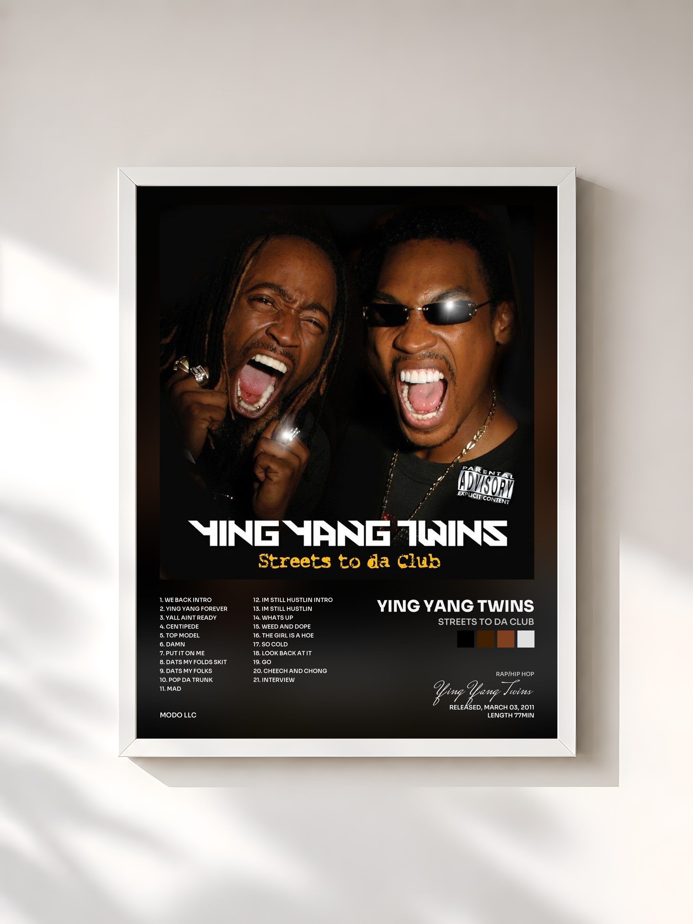#blanc Tableau de l'album Streets To Da Club de Ying Yang Twins, cadre blanc, imprimé et encadré en France