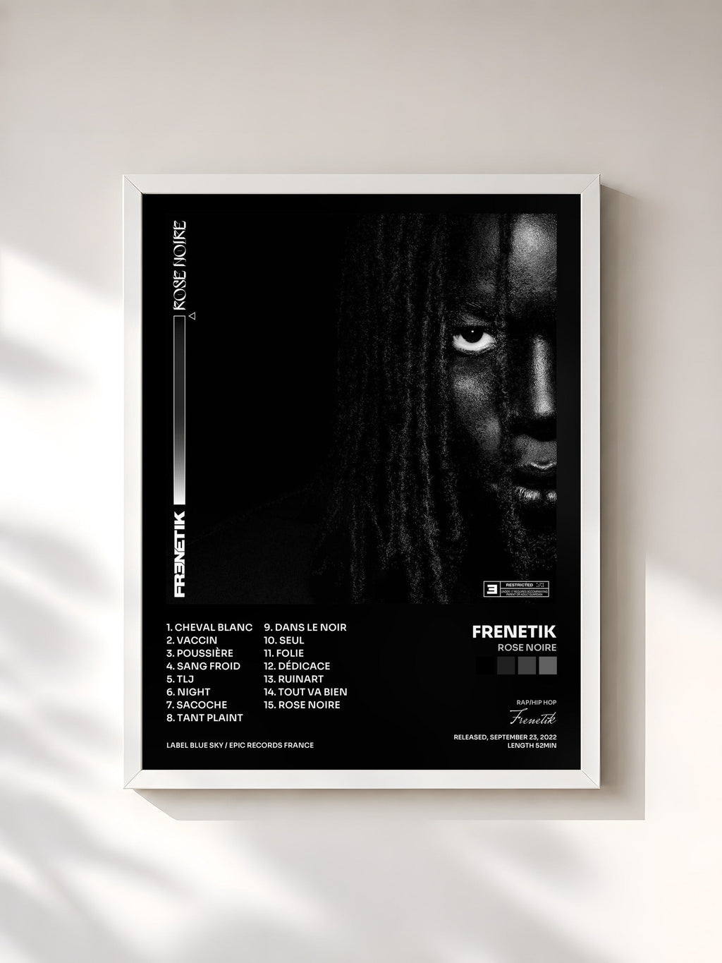 #blanc Tableau de l'album Rose Noire de Frenetik, cadre blanc, imprimé et encadré en France