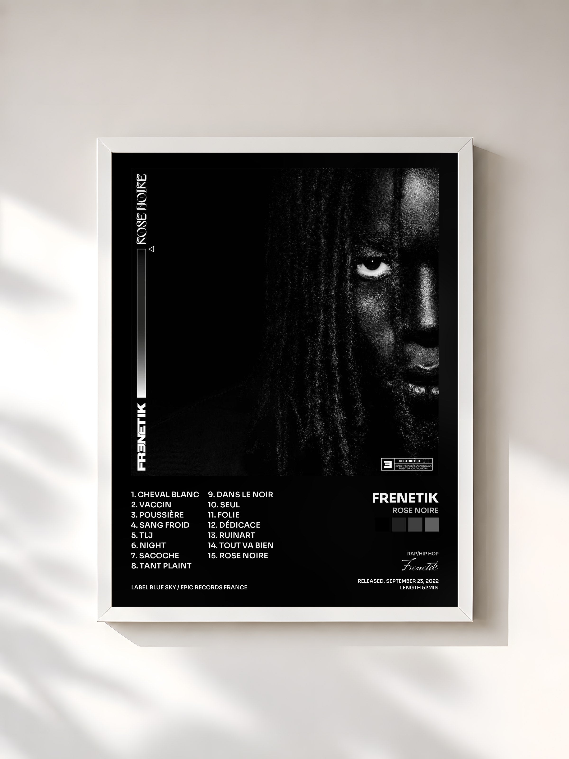 #blanc Tableau de l'album Rose Noire de Frenetik, cadre blanc, imprimé et encadré en France