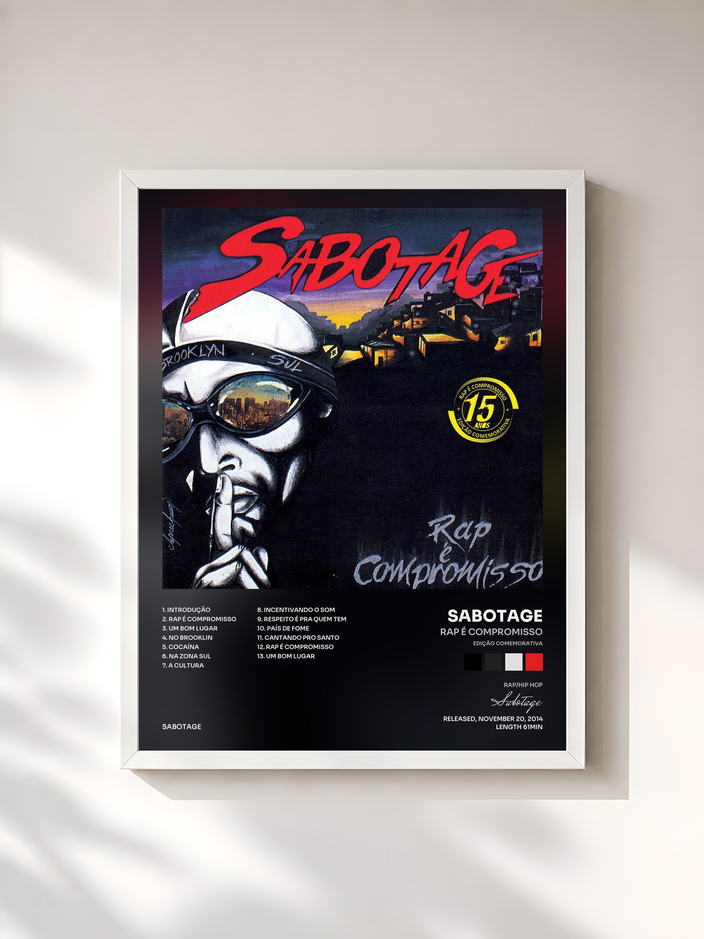 #blanc Tableau de l'album Rap É Compromisso (Edição Comemorativa) de Sabotage, cadre blanc, imprimé et encadré en France