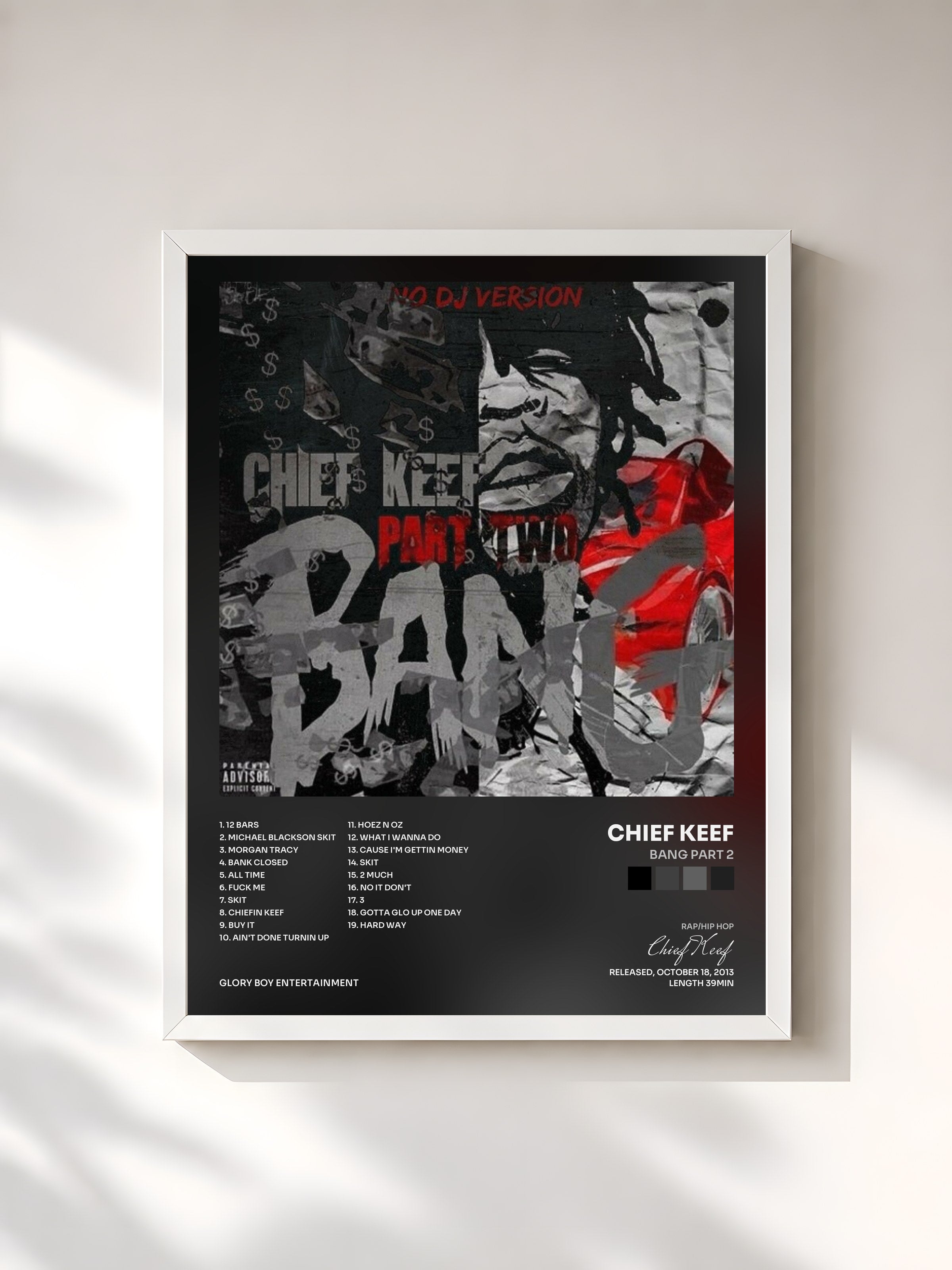 #blanc Tableau de l'album Bang Part 2 de Chief Keef, cadre blanc, imprimé et encadré en France