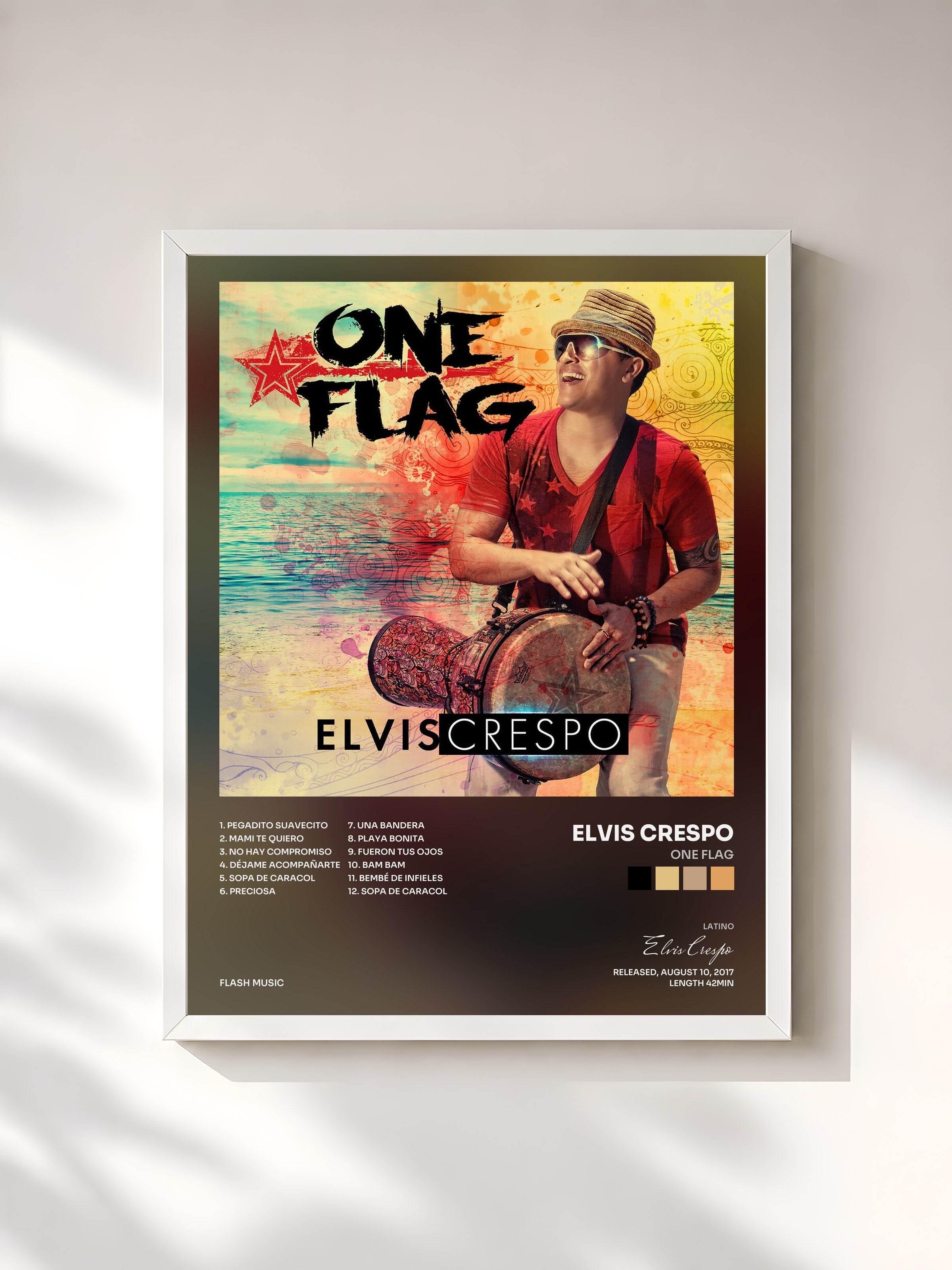 #blanc Tableau de l'album One Flag de Elvis Crespo, cadre blanc, imprimé et encadré en France