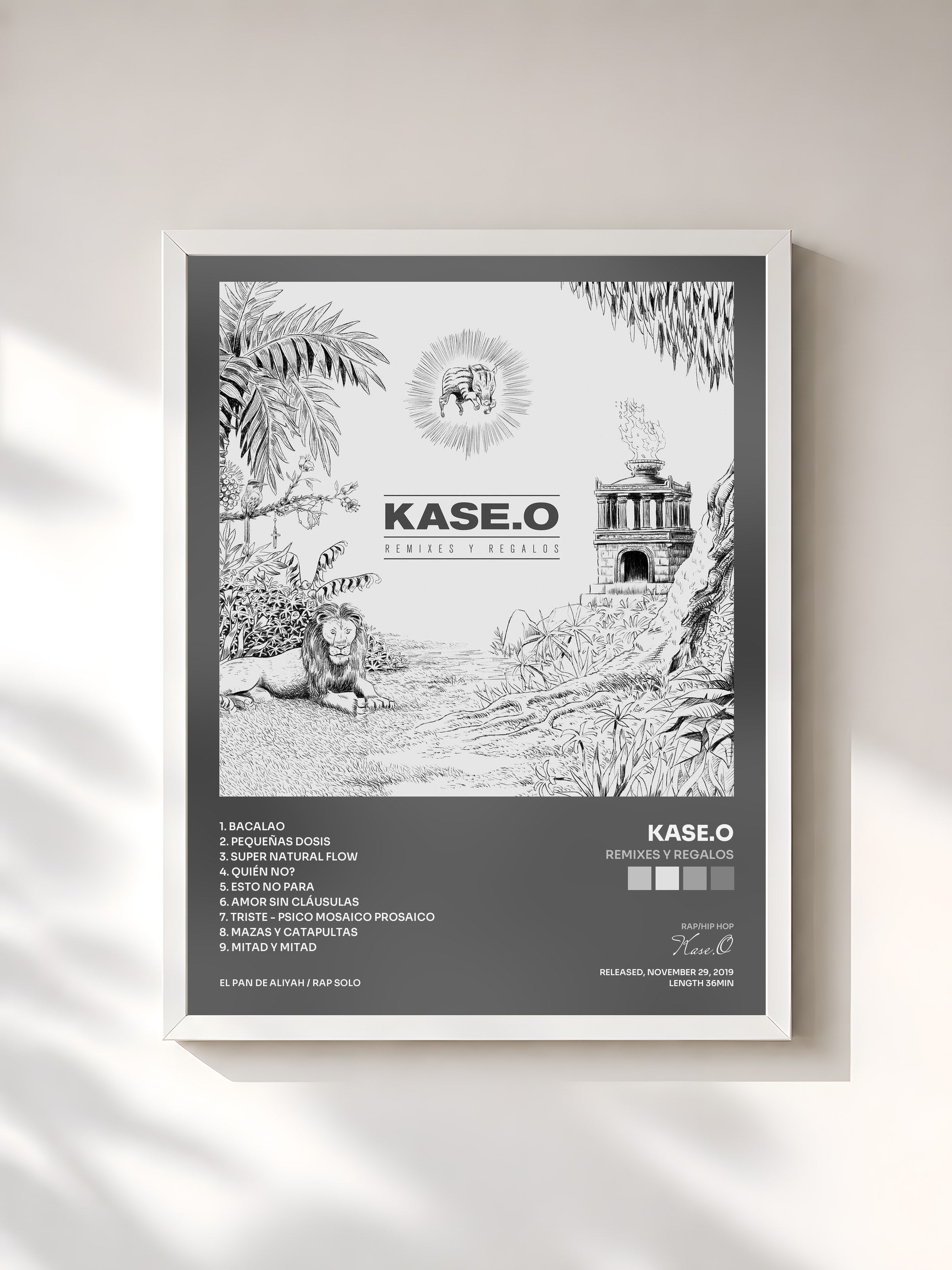 #blanc Tableau de l'album Remixes y Regalos de Kase.O, cadre blanc, imprimé et encadré en France
