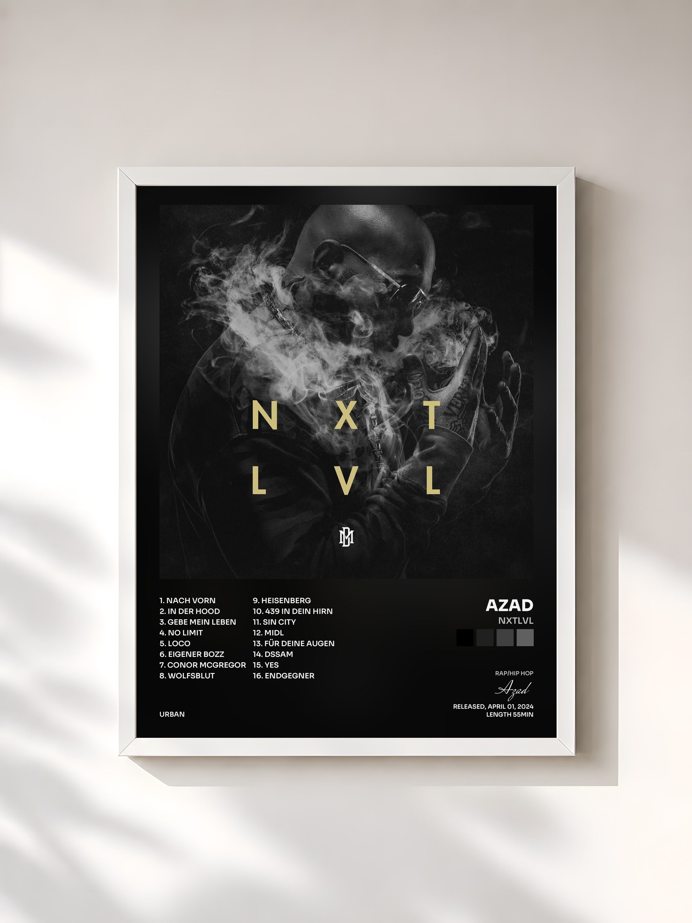 #blanc Tableau de l'album NXTLVL de Azad, cadre blanc, imprimé et encadré en France