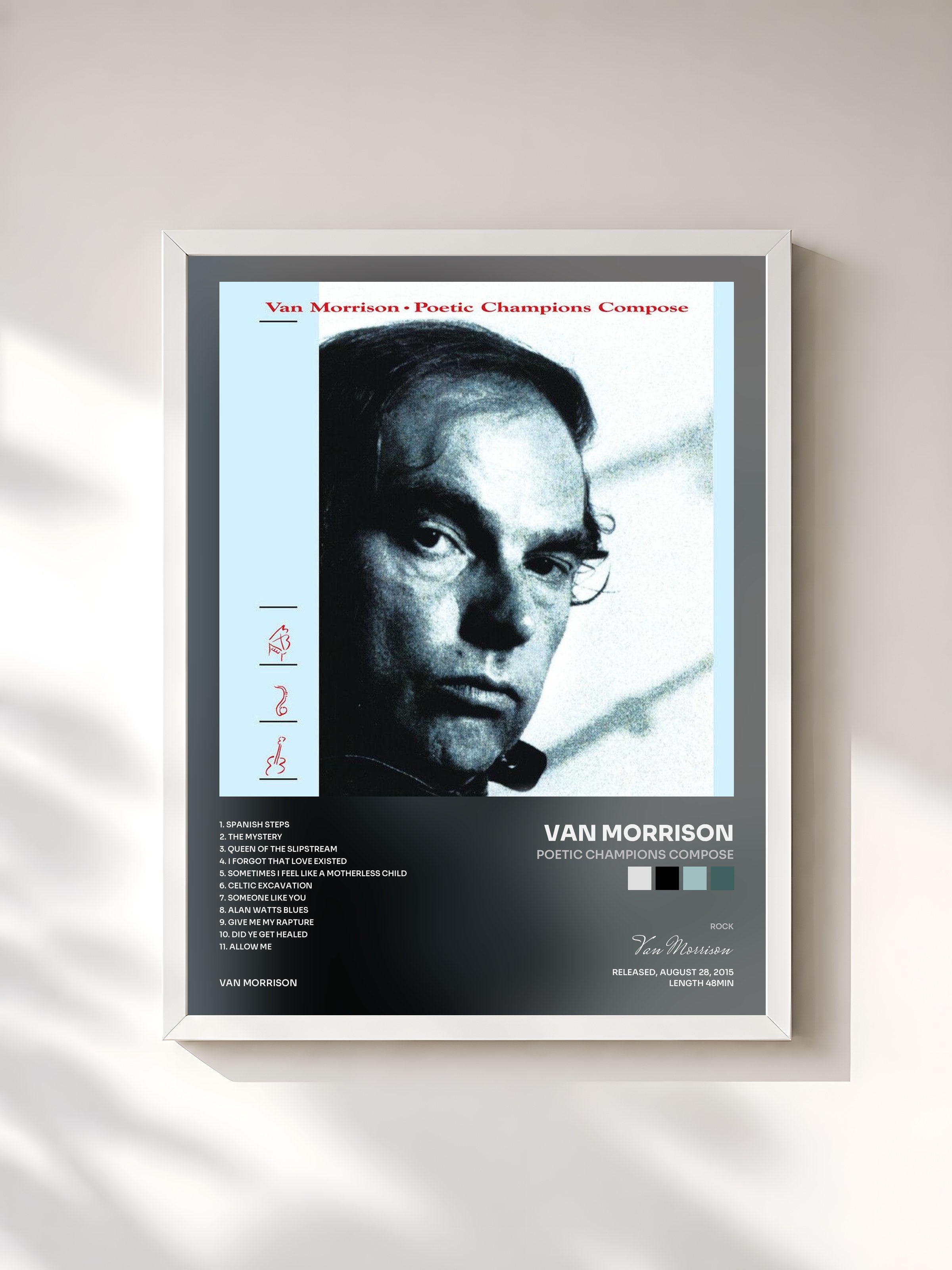 #blanc Tableau de l'album Poetic Champions Compose de Van Morrison, cadre blanc, imprimé et encadré en France
