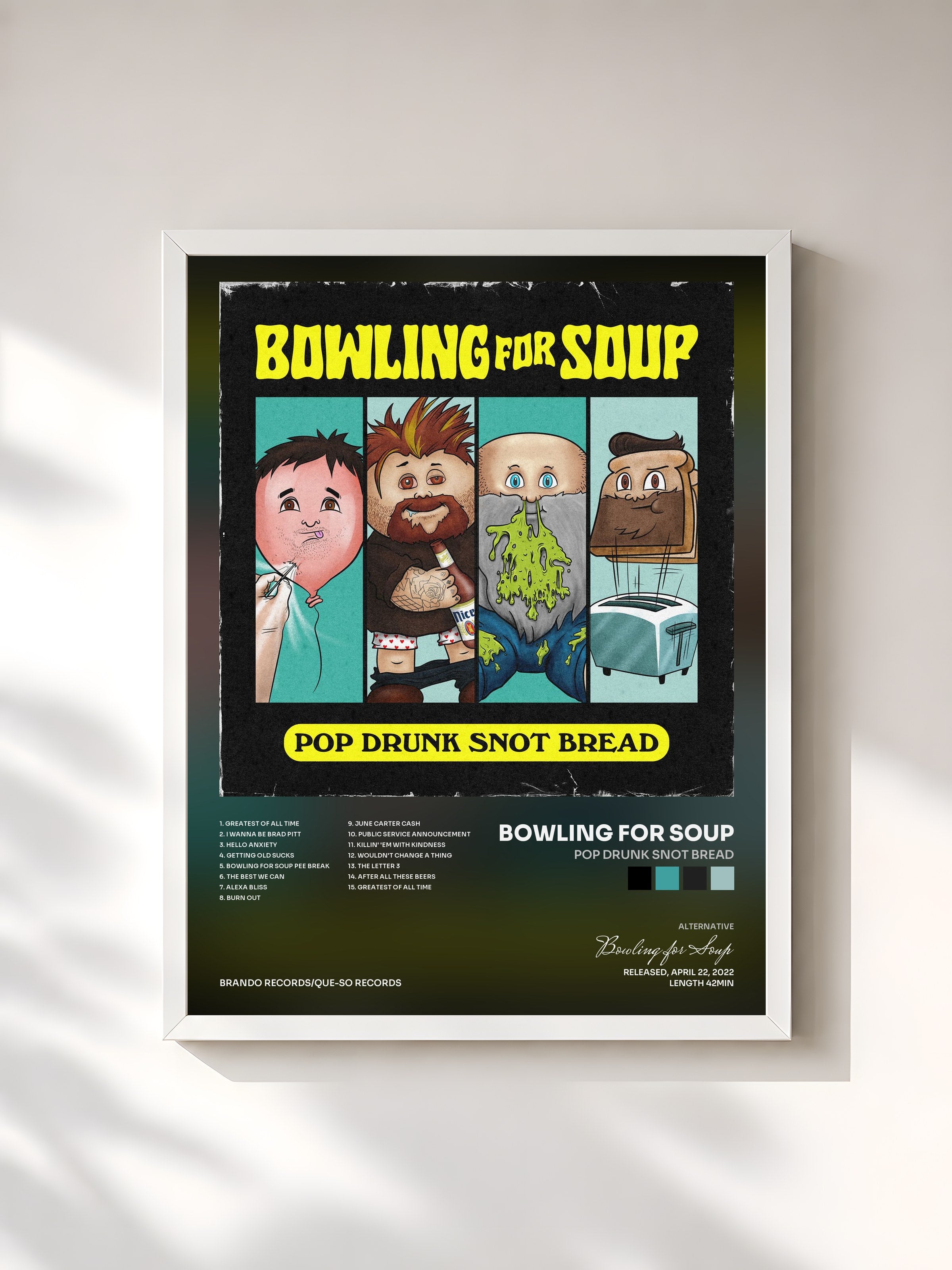 #blanc Tableau de l'album Pop Drunk Snot Bread de Bowling for Soup, cadre blanc, imprimé et encadré en France