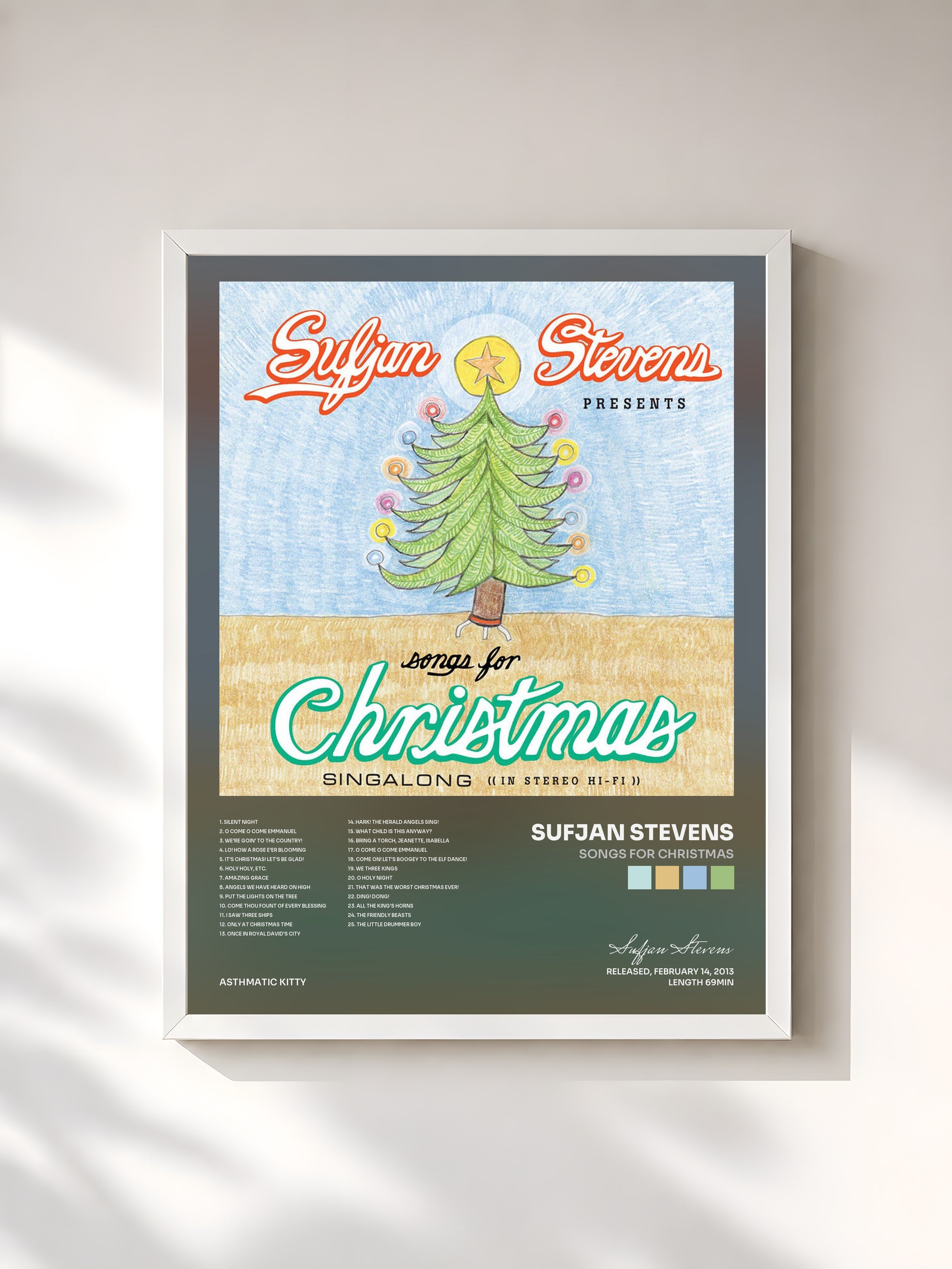 #blanc Tableau de l'album Songs For Christmas de Sufjan Stevens, cadre blanc, imprimé et encadré en France