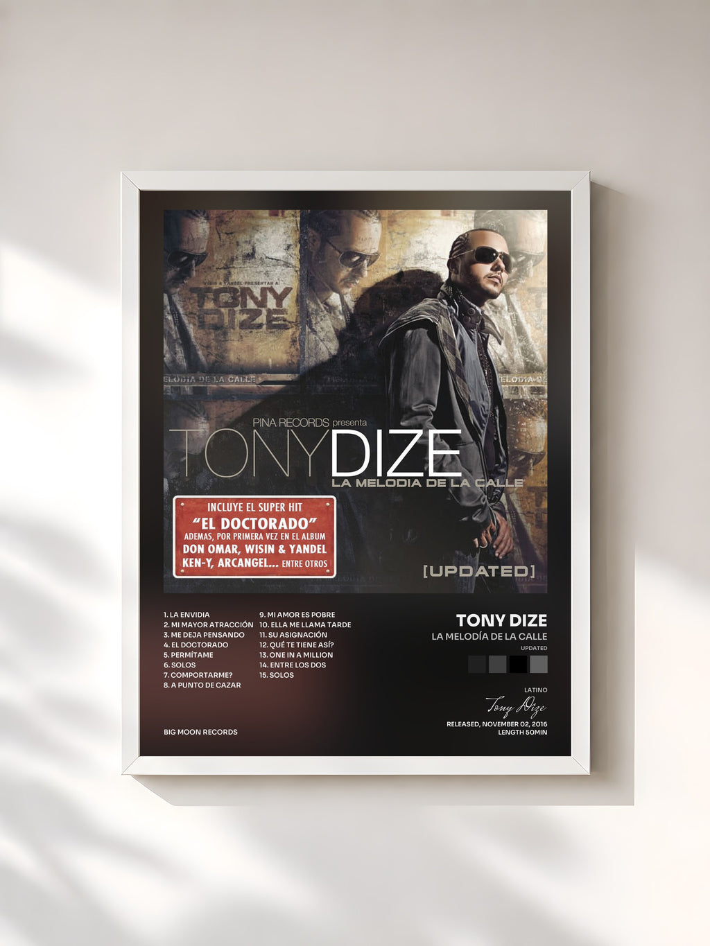 #blanc Tableau de l'album La Melodía de la Calle (Updated) de Tony Dize, cadre blanc, imprimé et encadré en France