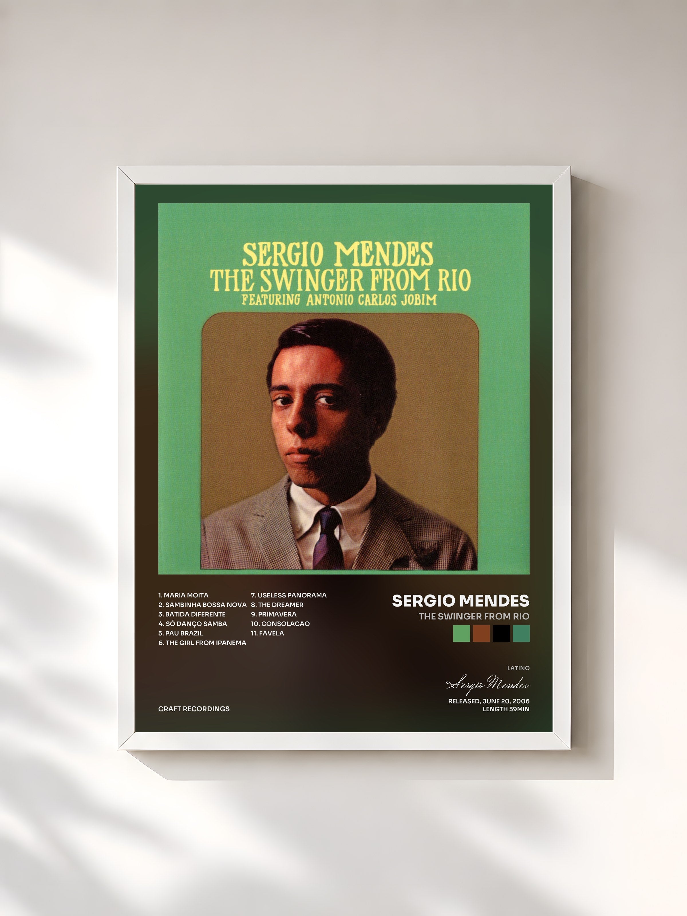 #blanc Tableau de l'album The Swinger From Rio de Sergio Mendes, cadre blanc, imprimé et encadré en France