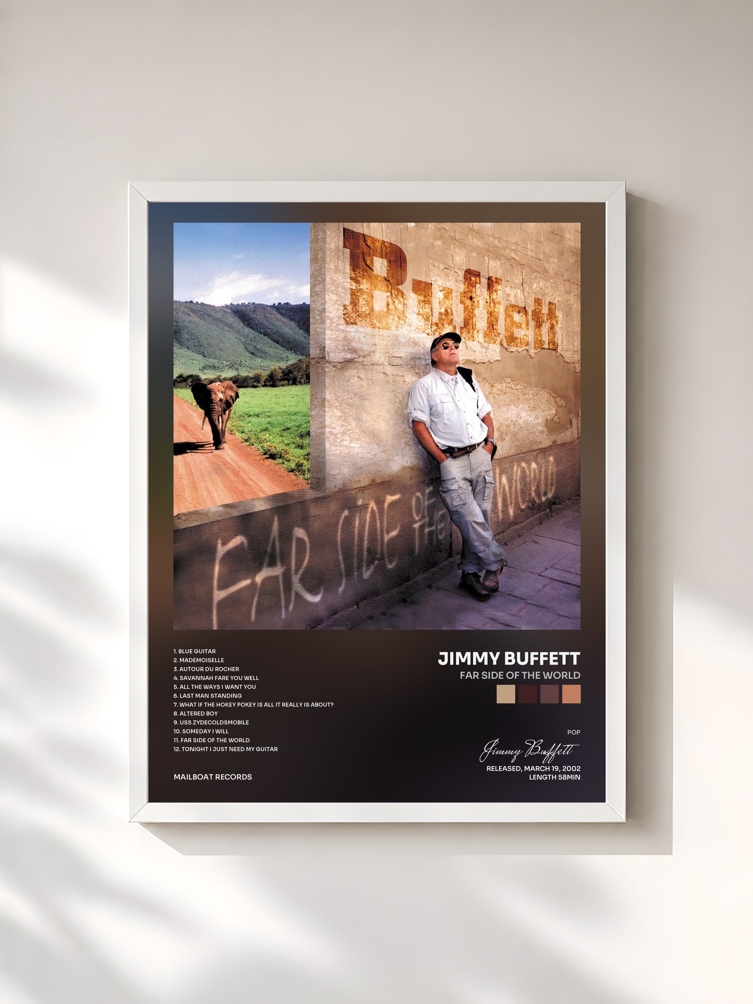 #blanc Tableau de l'album Far Side of the World de Jimmy Buffett, cadre blanc, imprimé et encadré en France