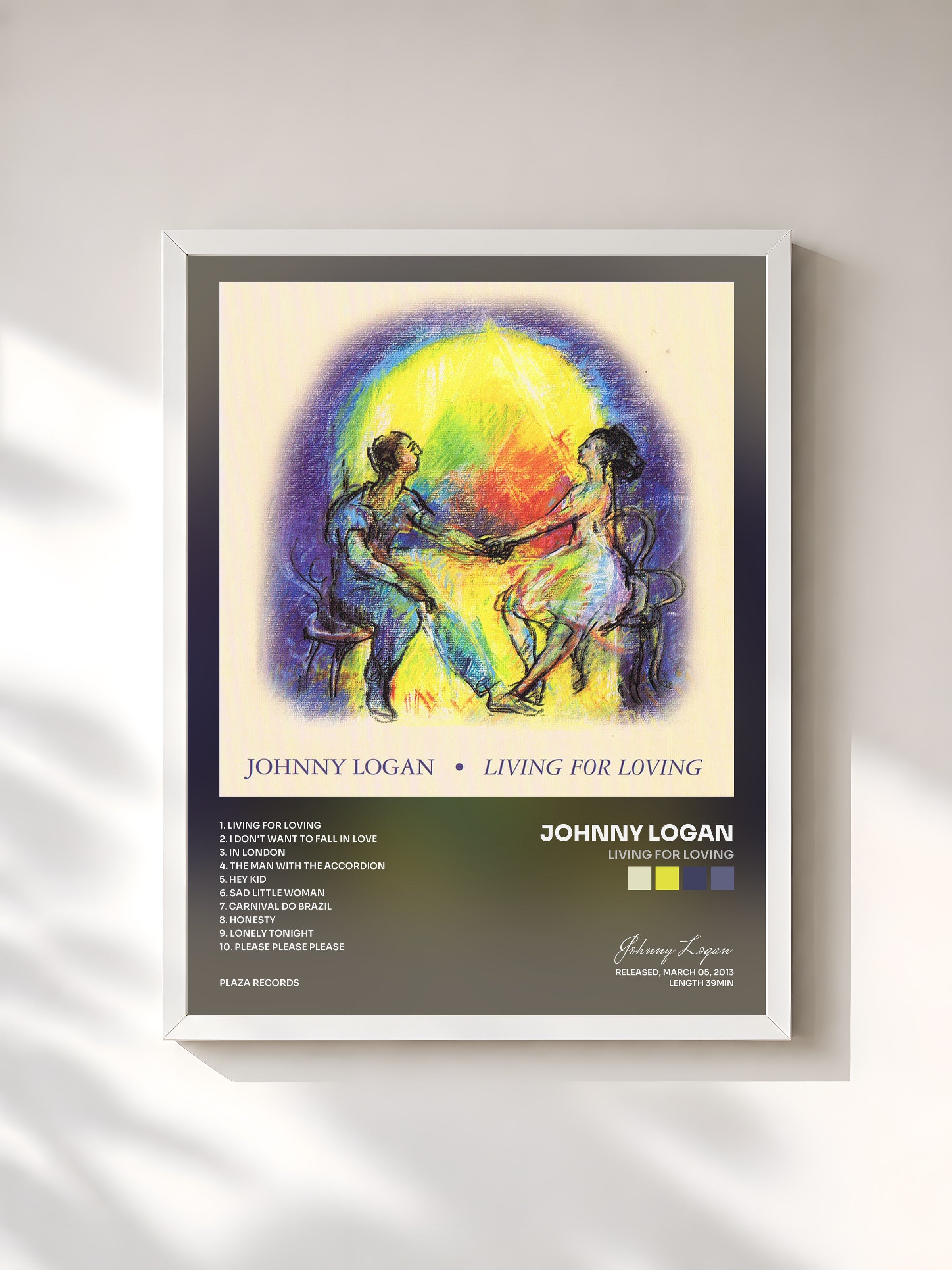 #blanc Tableau de l'album Living for loving de Johnny Logan, cadre blanc, imprimé et encadré en France