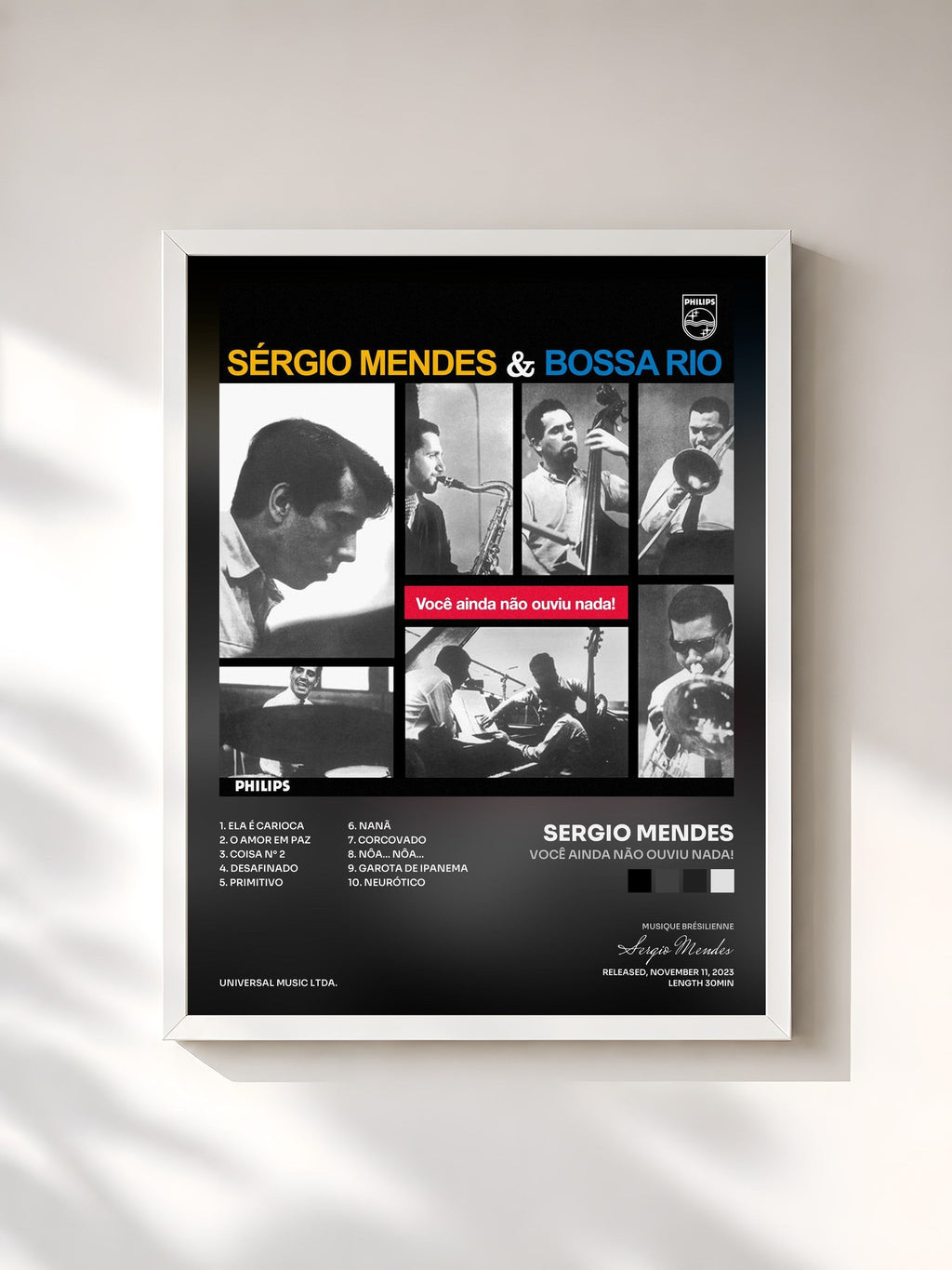 #blanc Tableau de l'album Você Ainda Não Ouviu Nada! de Sergio Mendes, cadre blanc, imprimé et encadré en France