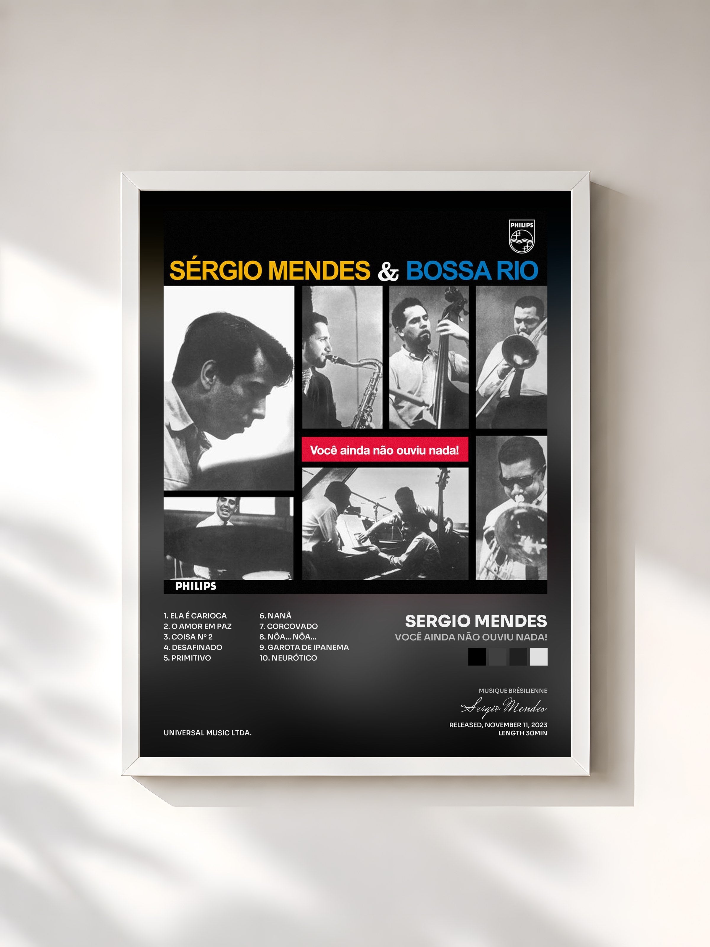 #blanc Tableau de l'album Você Ainda Não Ouviu Nada! de Sergio Mendes, cadre blanc, imprimé et encadré en France