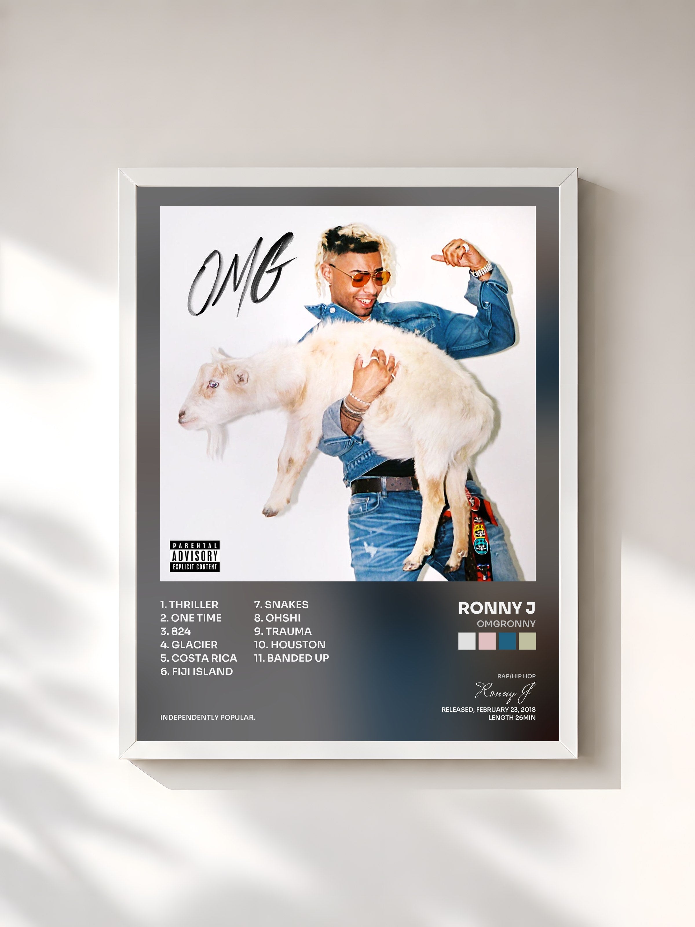 #blanc Tableau de l'album OMGRONNY de Ronny J, cadre blanc, imprimé et encadré en France