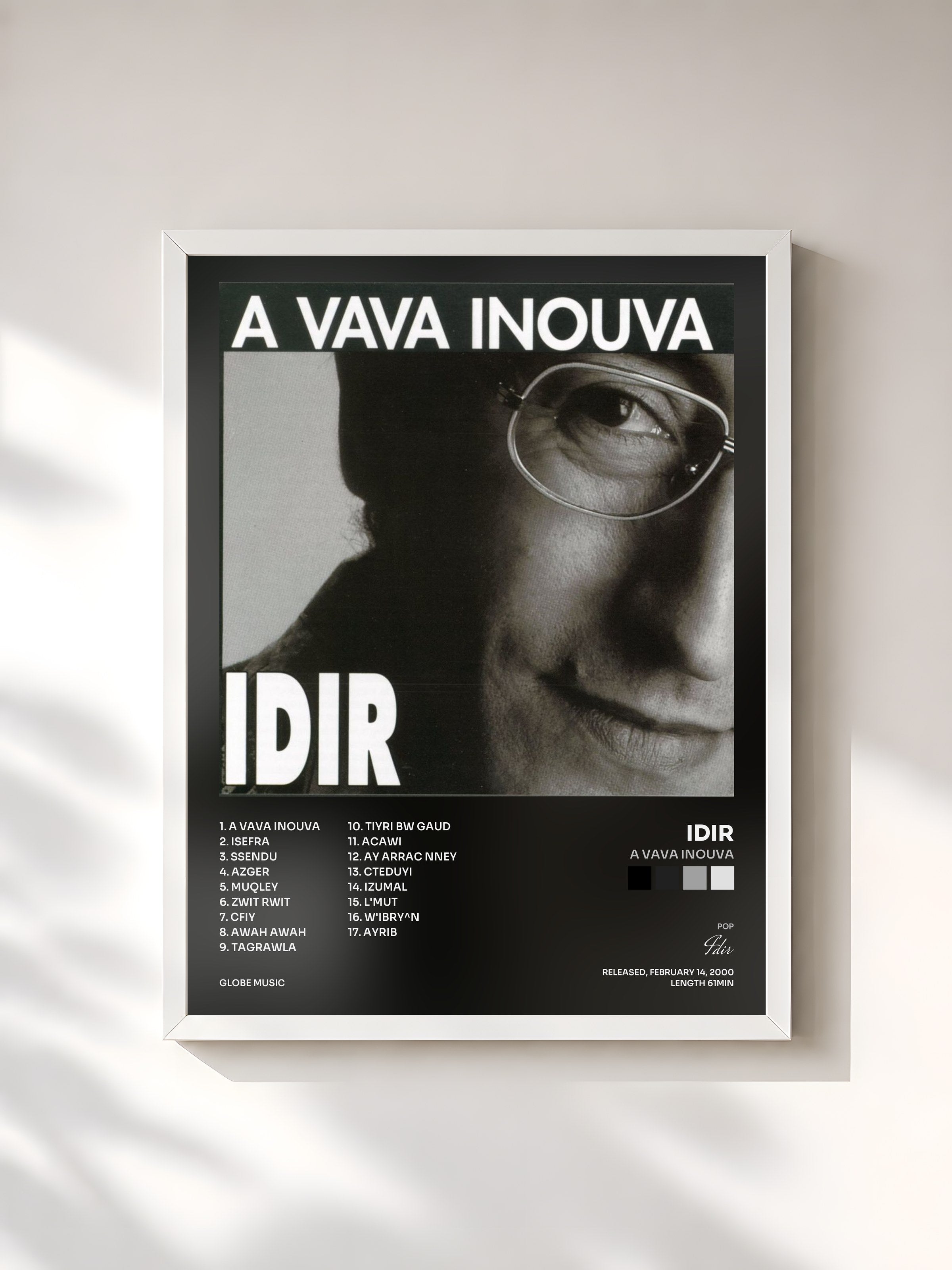#blanc Tableau de l'album A Vava Inouva de Idir, cadre blanc, imprimé et encadré en France