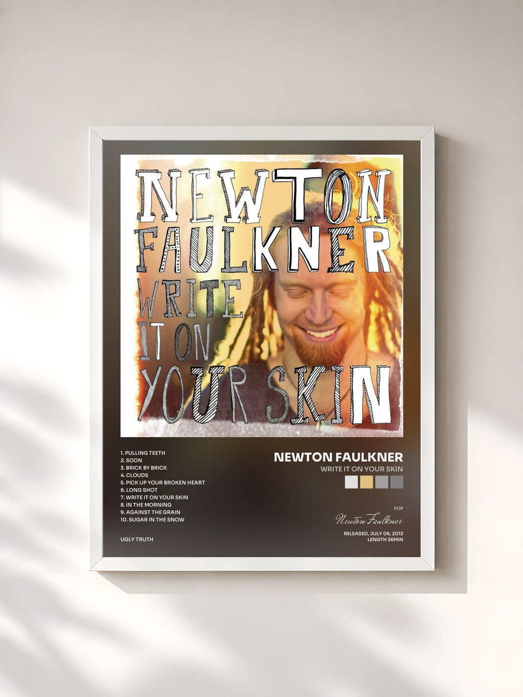 #blanc Tableau de l'album Write It On Your Skin de Newton Faulkner, cadre blanc, imprimé et encadré en France