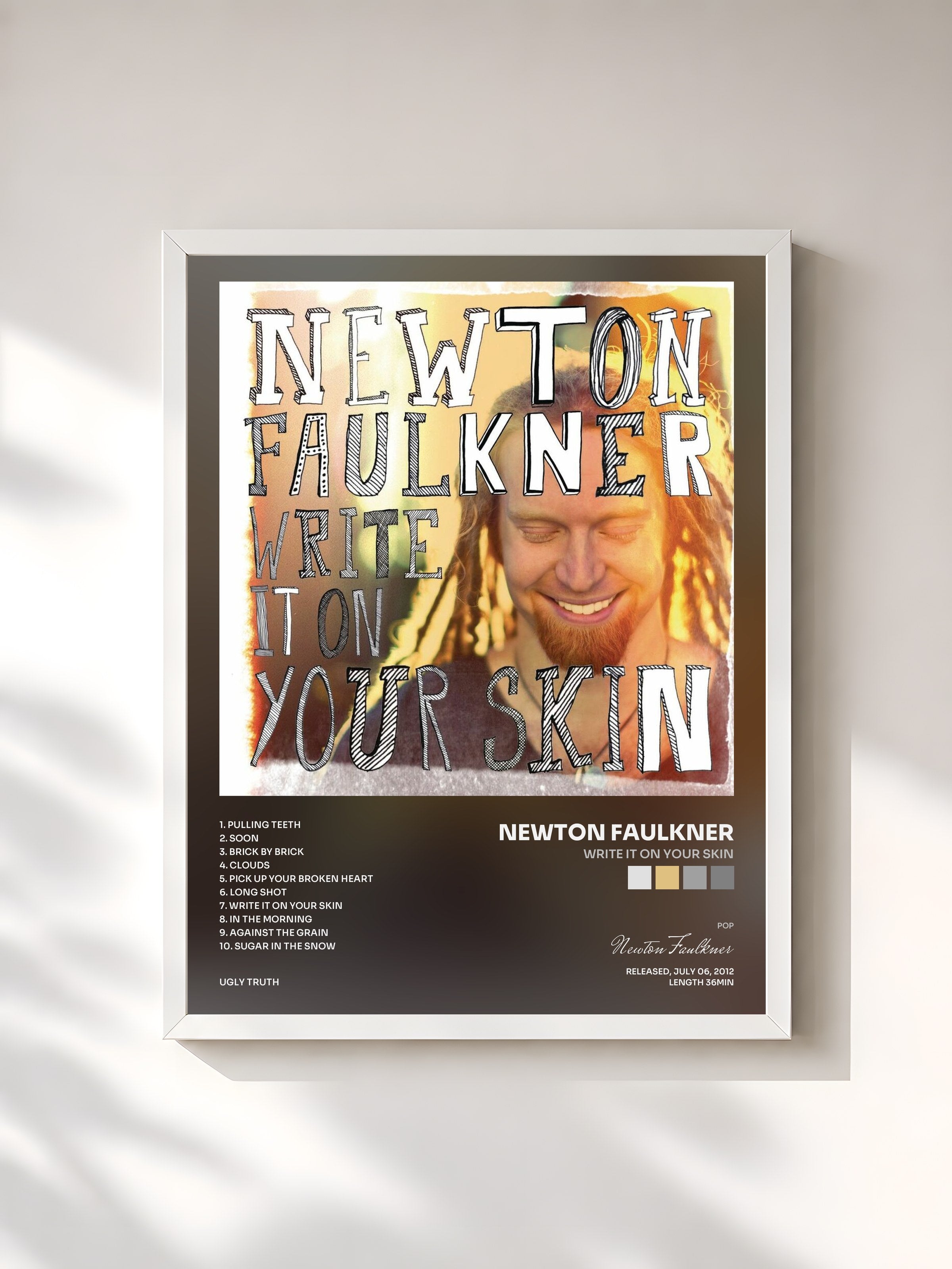 #blanc Tableau de l'album Write It On Your Skin de Newton Faulkner, cadre blanc, imprimé et encadré en France